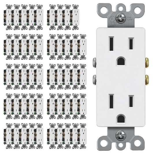 (50 Pack) CML 15 Amp Decorator Wall Receptacle Outlet, Standard Electrical Outlet, Non-Tamper Resistant, 15A/125V, 2 Pole 3 Wire, White, UL Listed