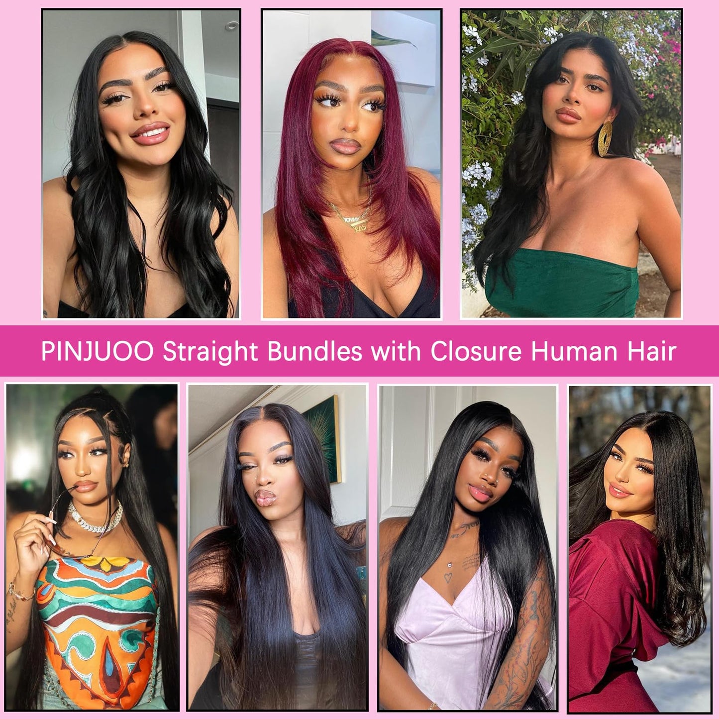 PINJUOO Straight Human Hair Bundles with Closure Raw Indian Hair 3 Bundles and Closure (20 22 24+18 Inch) 100% Unprocessed Virgin Human hair Bundles with 4X4 Lace Closure Natural Color for Women