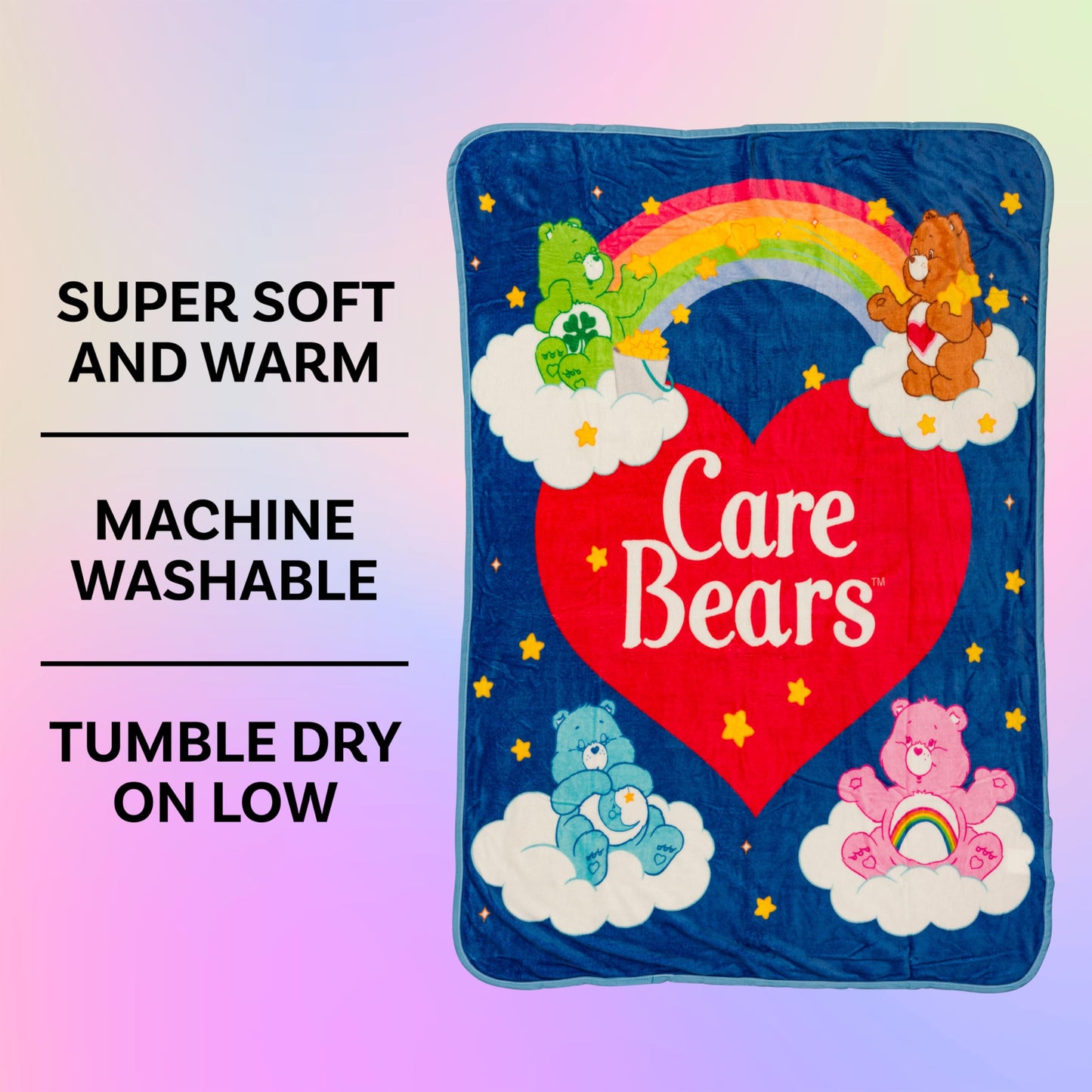 Silver Buffalo Care Bears Rainbow Heart Logo Featuring Cheer, Bedtime, and Tenderheart Bear 45” x 60” Fleece Throw, Soft and Cozy Blanket, 180 GSM