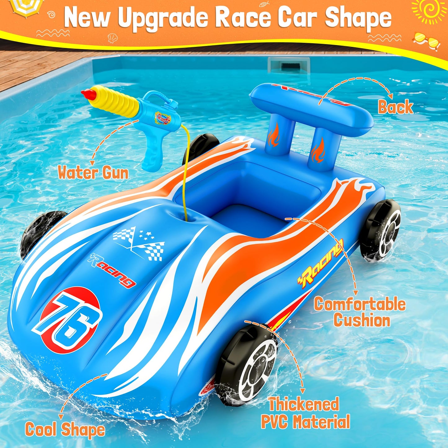 ZIZZ Pool Floats Kids Toys with Water Gun - Inflatable Ride-on Pool Toys for Kids Ages 4-8 Race Car Toddlers Pool Float Summer Outdoor Swimming Pool Toys Games for Boys Girls Fun Summer Water Toys