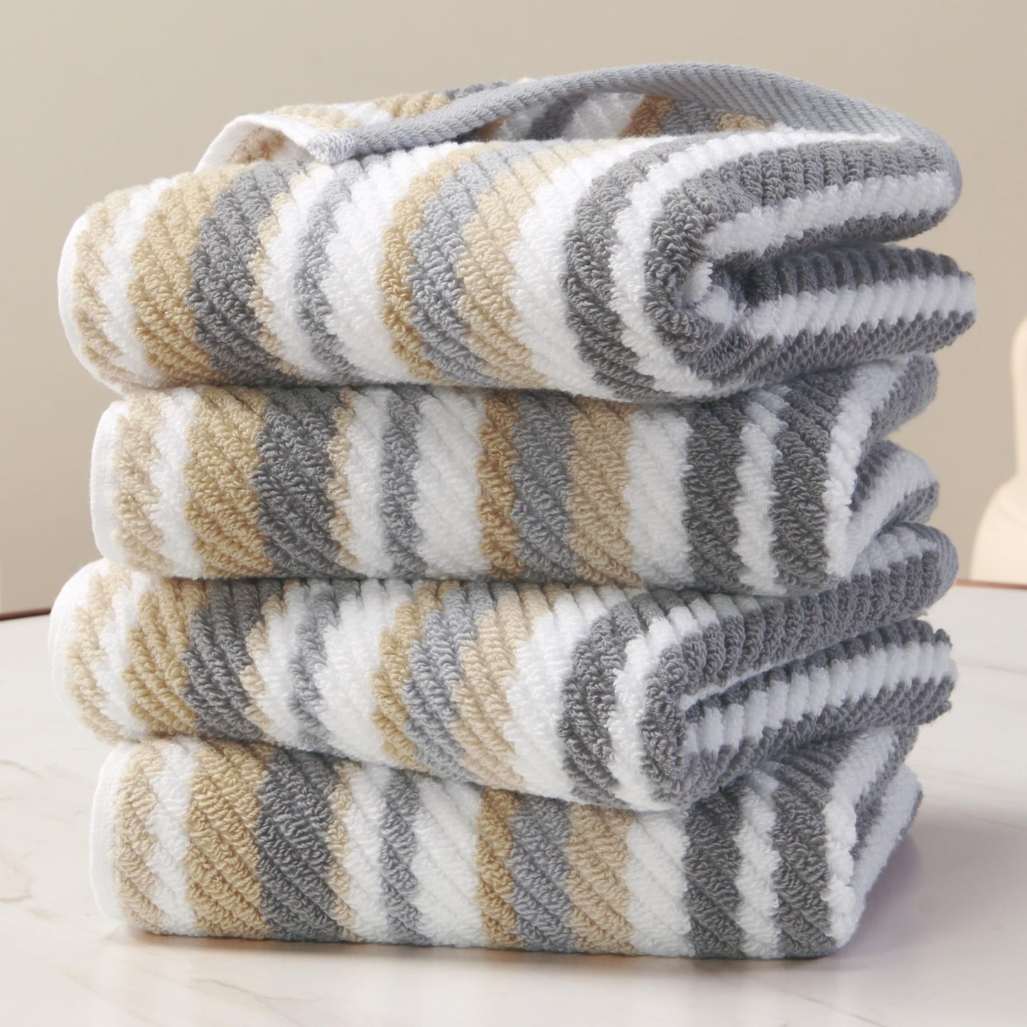 Beige Striped Hand Towels, Bathroom Hand Towels Set of 4, 16"x27" - 100% Cotton | Quick Dry | Absorbent | Light Weight, Soft Towel Set for Showering & Guest, Luxury Towel Gift, Tan and Gray