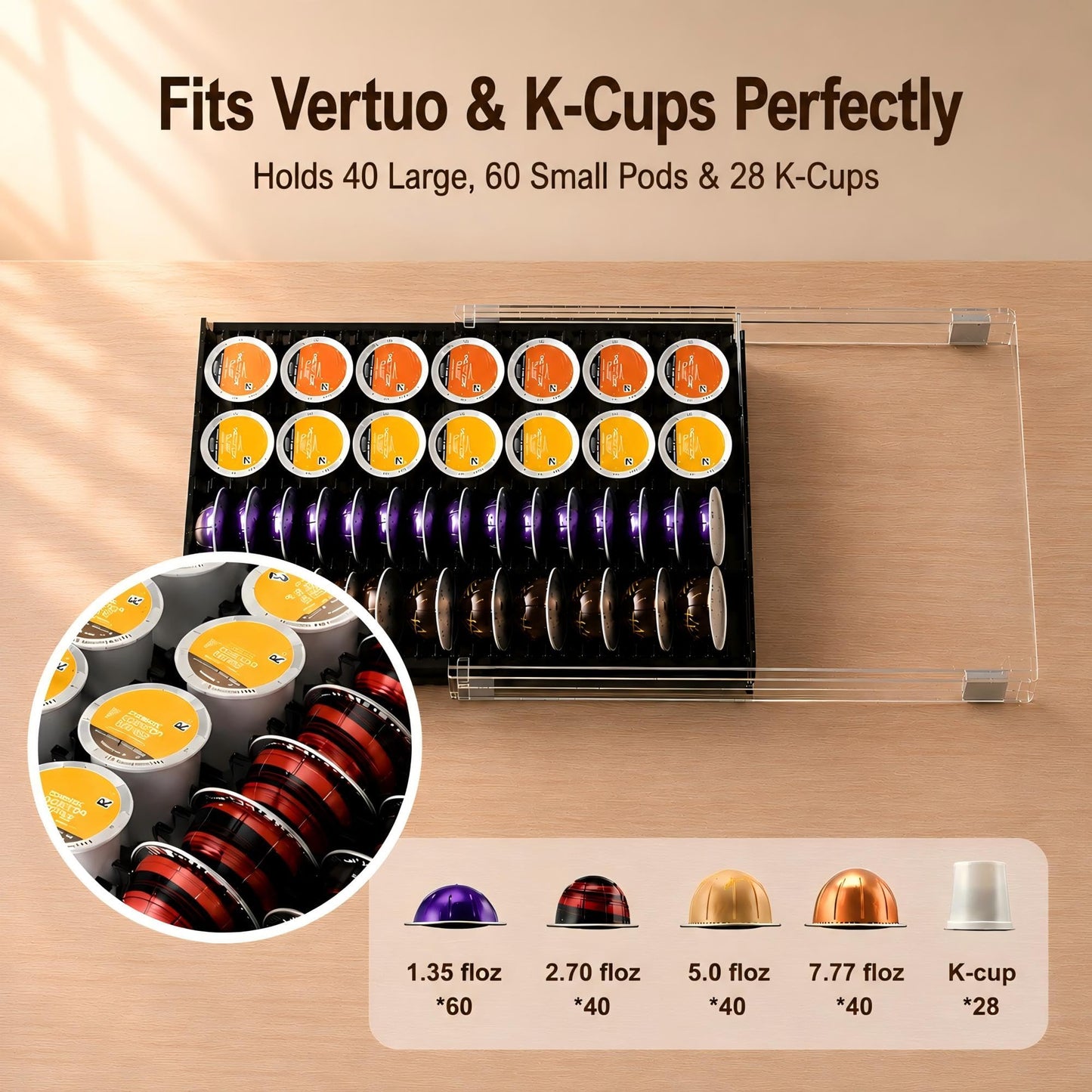 Coffee Pod Drawer Organizer for Nespresso Vertuo Pods,Acrylic Coffee Pod Holder Holds 40 Large or 60 Small Capsules or 28 K-Cups,Pull-Out Drawer with Anti-Slip Base for Home & Office,Matte Black