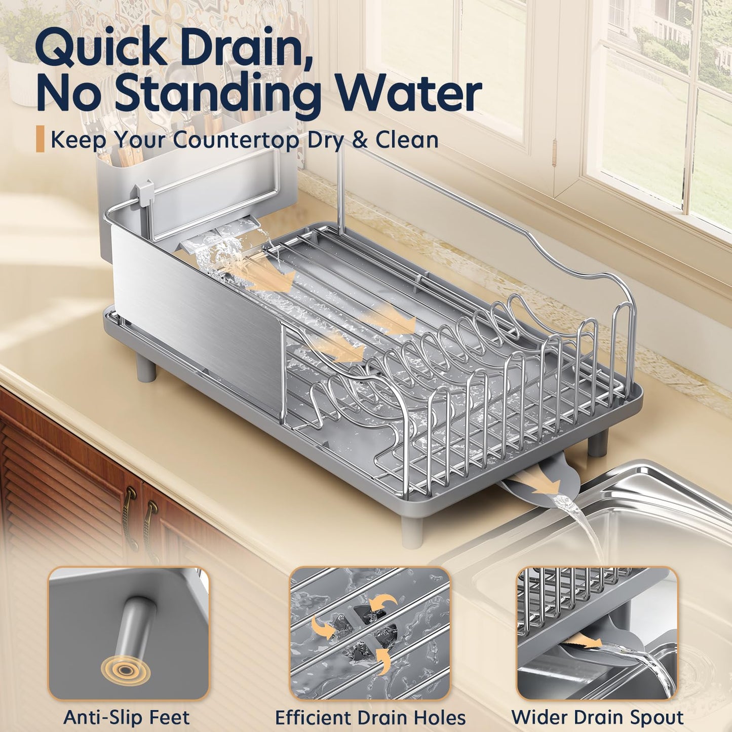 Stainless Steel Dish Drying Rack - Large Capacity Dish Rack for Kitchen Counter with Drain Board, Rustproof Dish Drainer with Auto Drain Spout Utensil Holder Glass Holder, Dinnerware Organizer, Gray