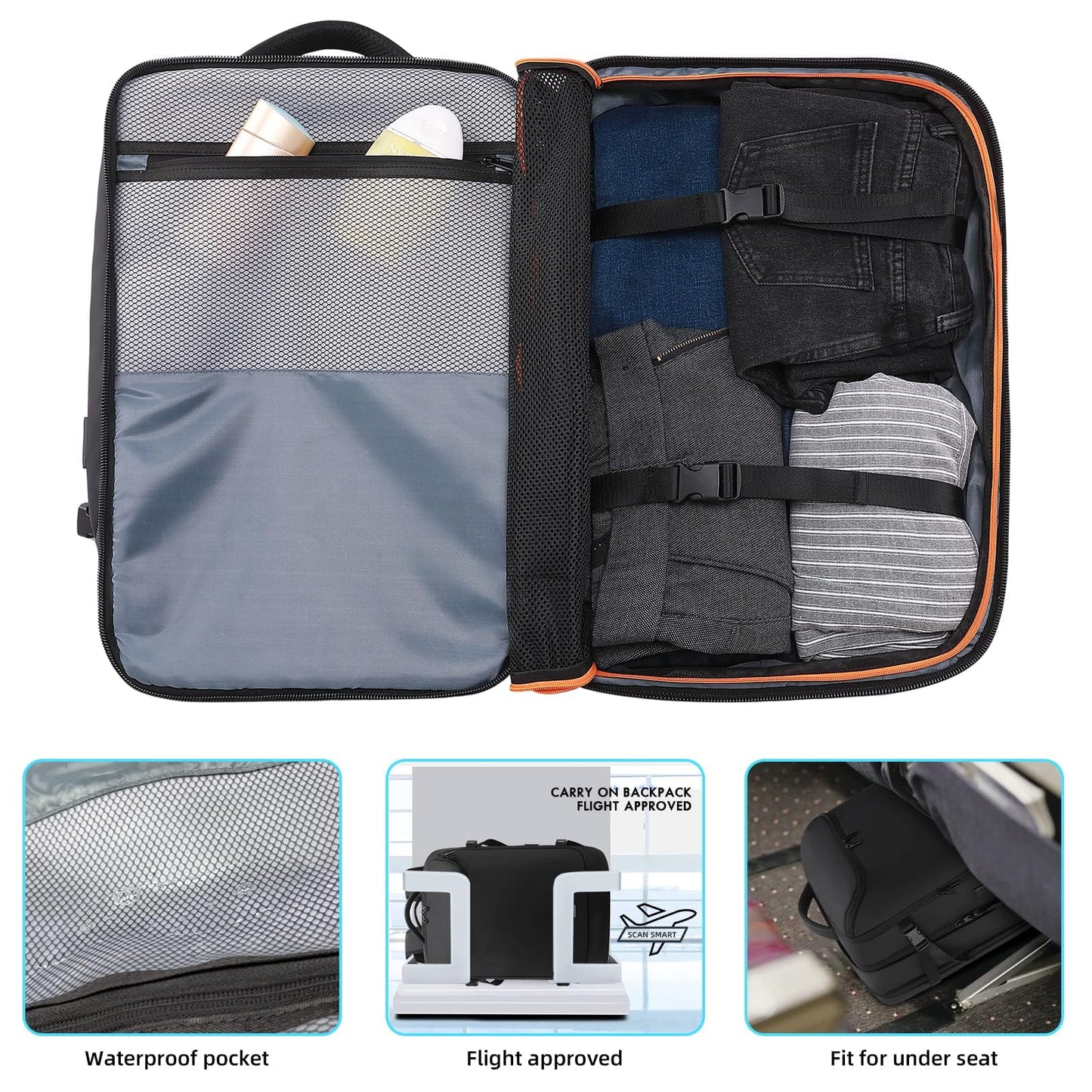 TANGCORLE Travel Carry on Backpack 50L Expandable Flight Approved Backpacks 17.3 inch Laptop and USB Charging Port bags Water Resistant Business Back Pack for Women & Men