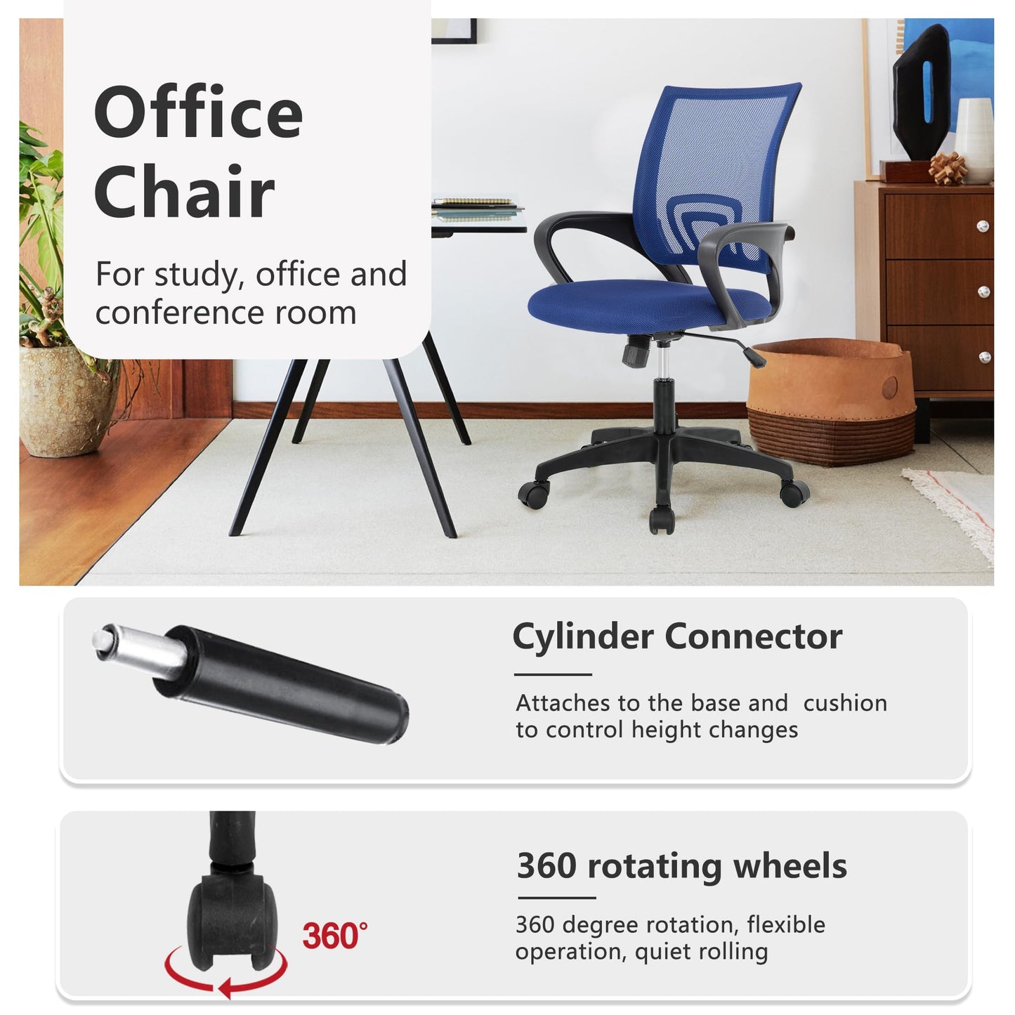 BestOffice | Ergonomic Office Chair | Mid-Back Swivel Desk Chair | Breathable Backrest & Lumbar Support | Adjustable Height | Sponge Seat | Rolling Wheels | Dark Blue | for Adults & Women