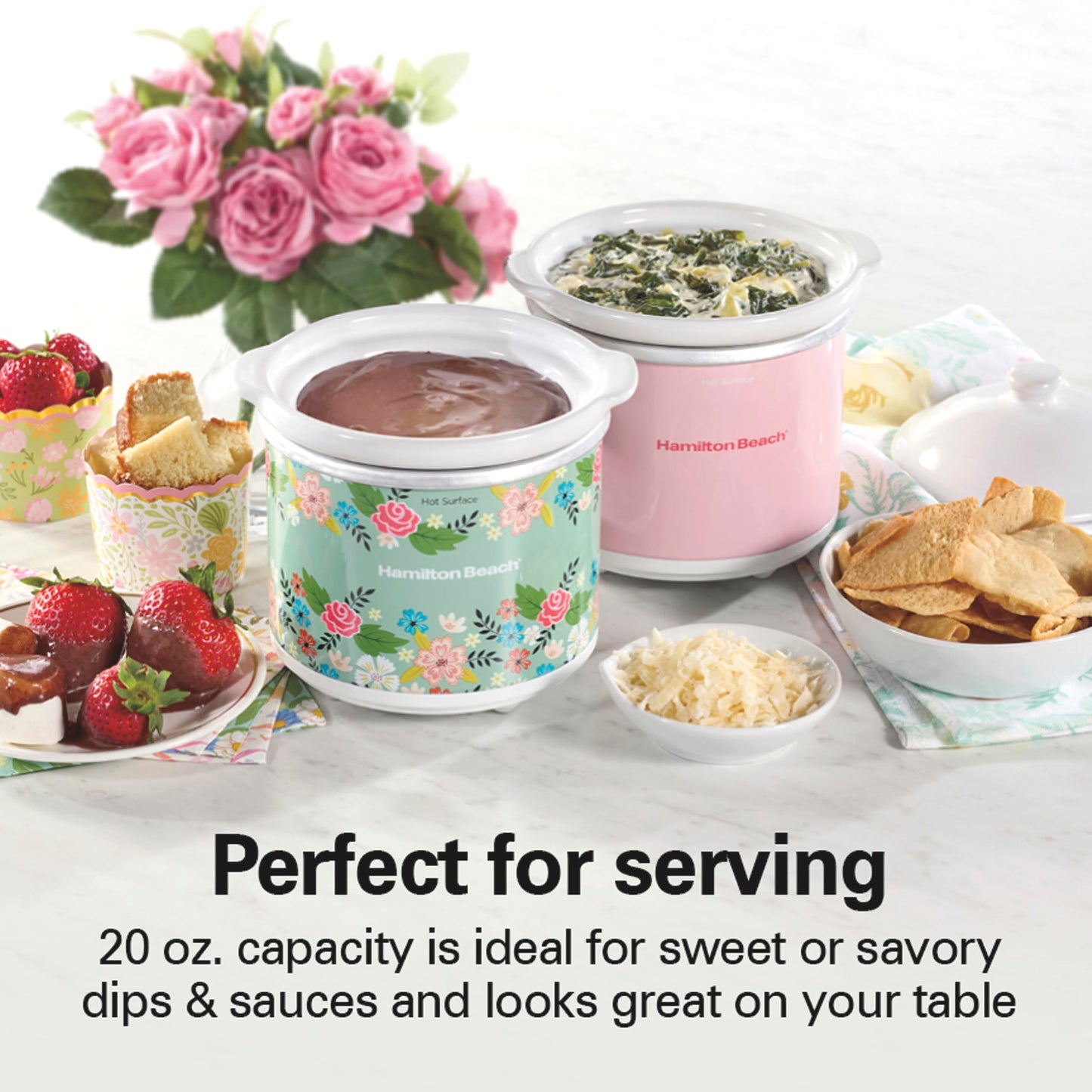 Hamilton Beach Party Dipper Electric Food Warmer Twin Pack, Great for Entertaining and Gifts, 20 oz. Capacity, For Desserts, Dips, Sauces, Cheeses, Solid Pink and Colorful Floral Print (33102)