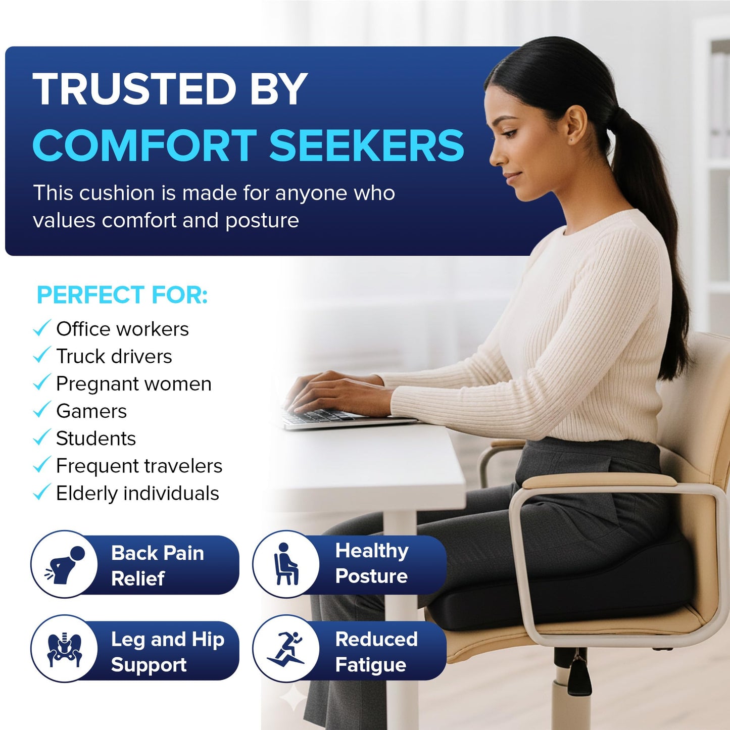 Cushprime Seat Cushion for Chair, Memory Foam Seat Cushion for Tailbone Pain Relief- Ergonomic Support for Coccyx, Back & Butt- Office & Truck Ergonomic Chair Cushion, Black