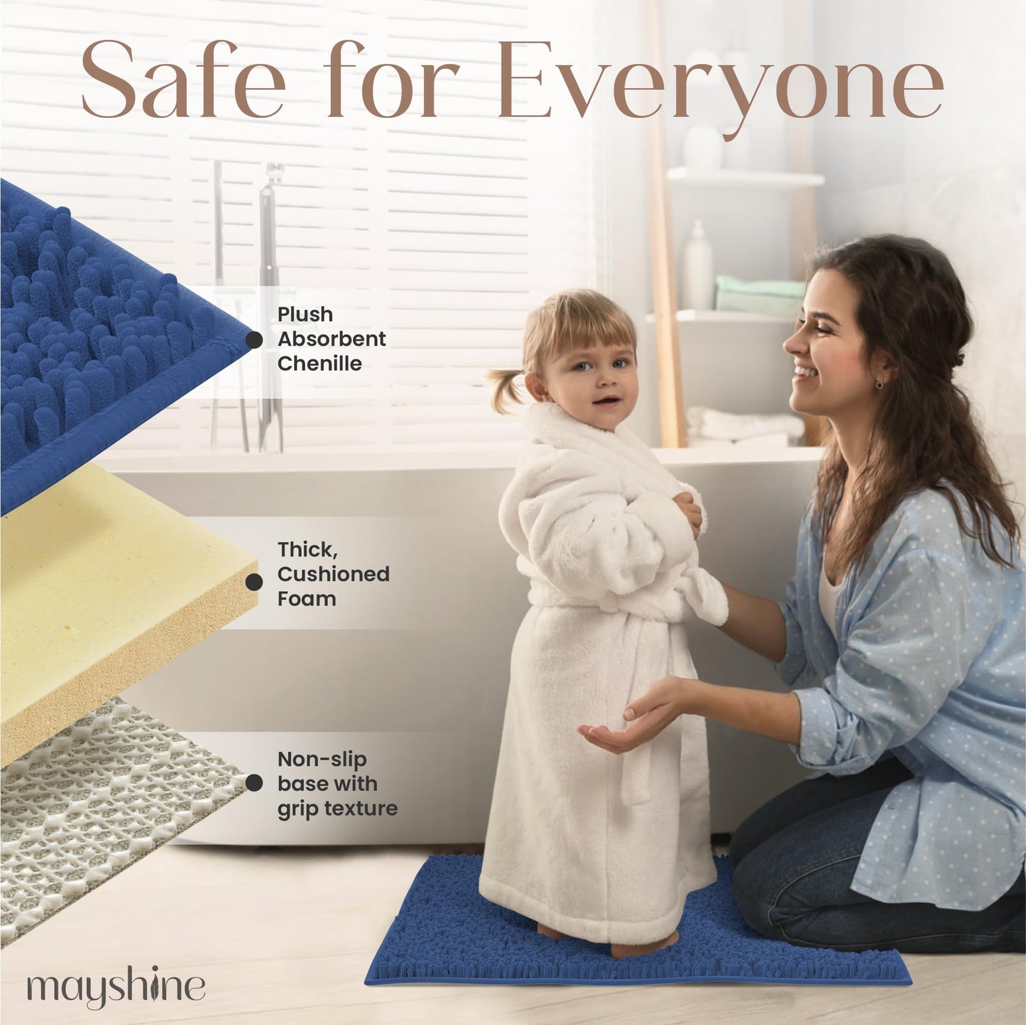 MAYSHINE Plush Shaggy Chenille Bath Mat | Extra Soft, Super Absorbent, Non-Slip Bathroom Rug | Fluffy Microfiber, Area Rug Sets for Bathroom Floor, Kitchen, Living Room | 59"x31" | Dark Blue