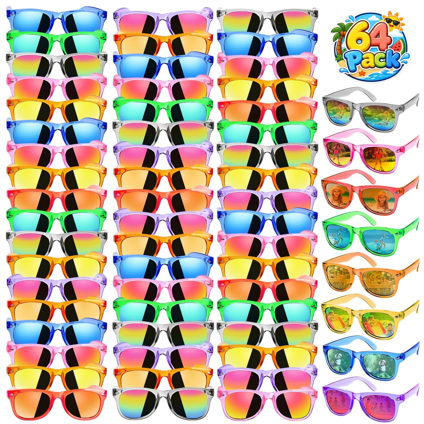 Kids Sunglasses Bulk Party Favors - Boys Girls Sunglasses for Kids Age 3-8, Neon Sunglass with UV400 Protection, Goodie Bags Stuffer for Kid Birthday Party Supply, End of Year Student Gifts (64 Packs)