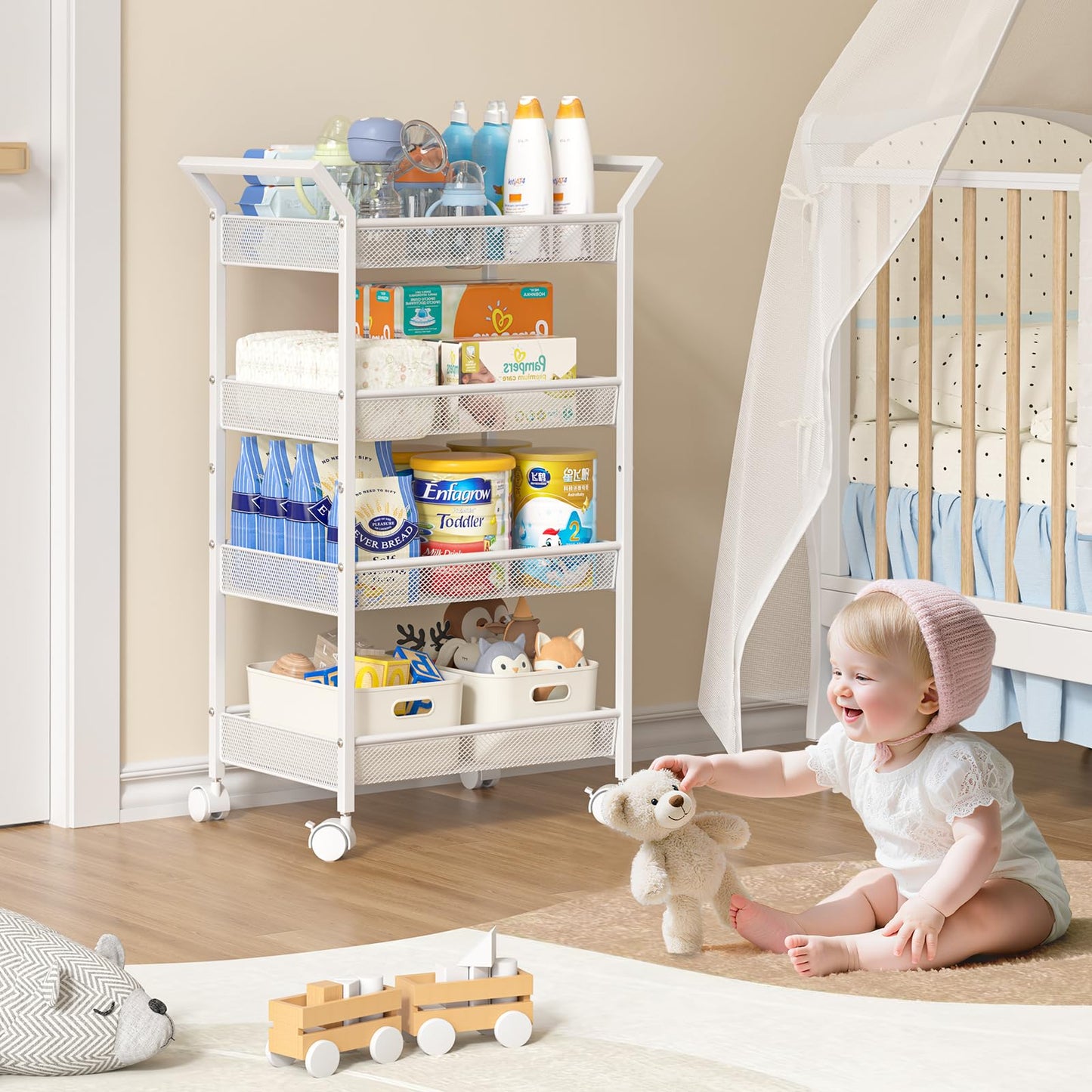 Baby Diaper Caddy Cart, 4-Tier Diaper Caddy Organizer and Storage, Rolling Utility Cart for Baby Supplies, Diaper Cart with Wheels for Bedroom, Nursery, Changing Table, White