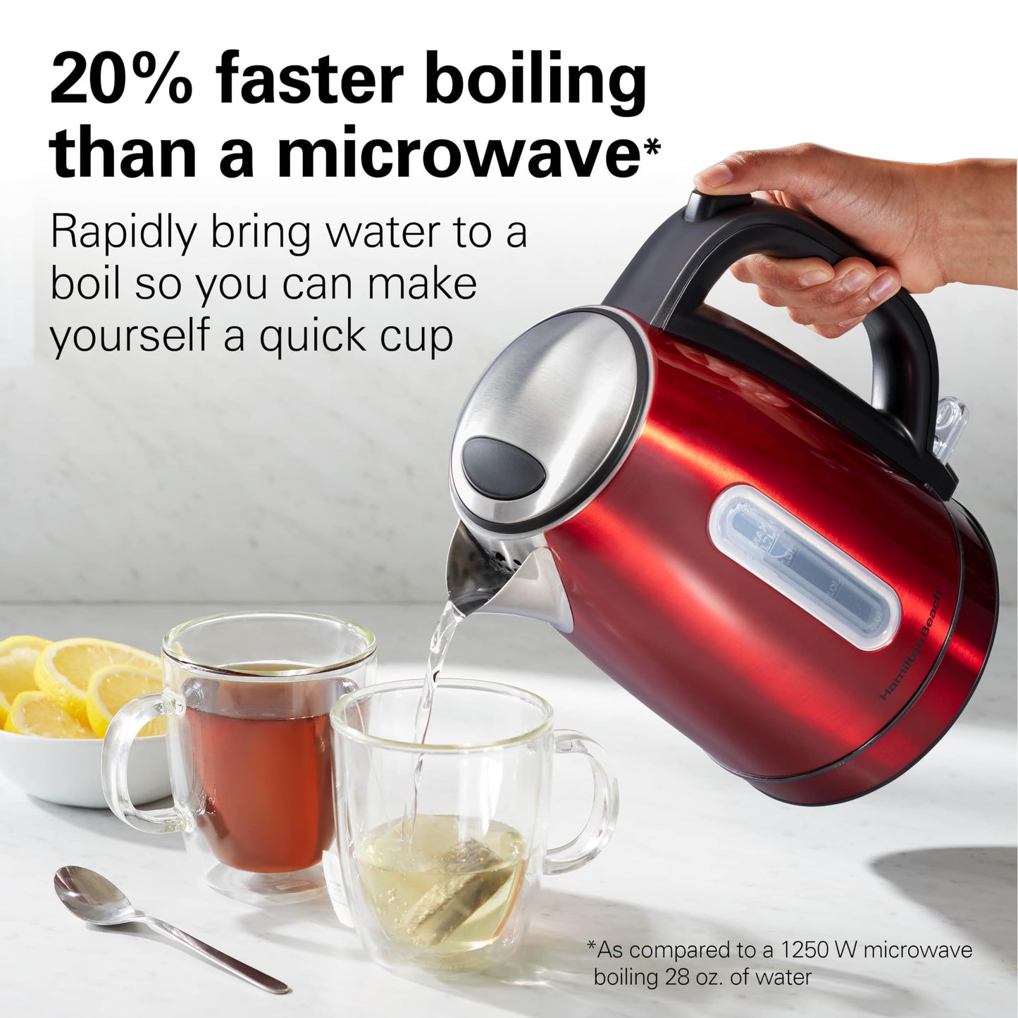 Hamilton Beach Electric Tea Kettle, Water Boiler & Heater, 1.7 Liter, Cordless Serving, 1500 Watts for Fast Boiling, Auto-Shutoff and Boil-Dry Protection, Red with LED Light Ring (41060)