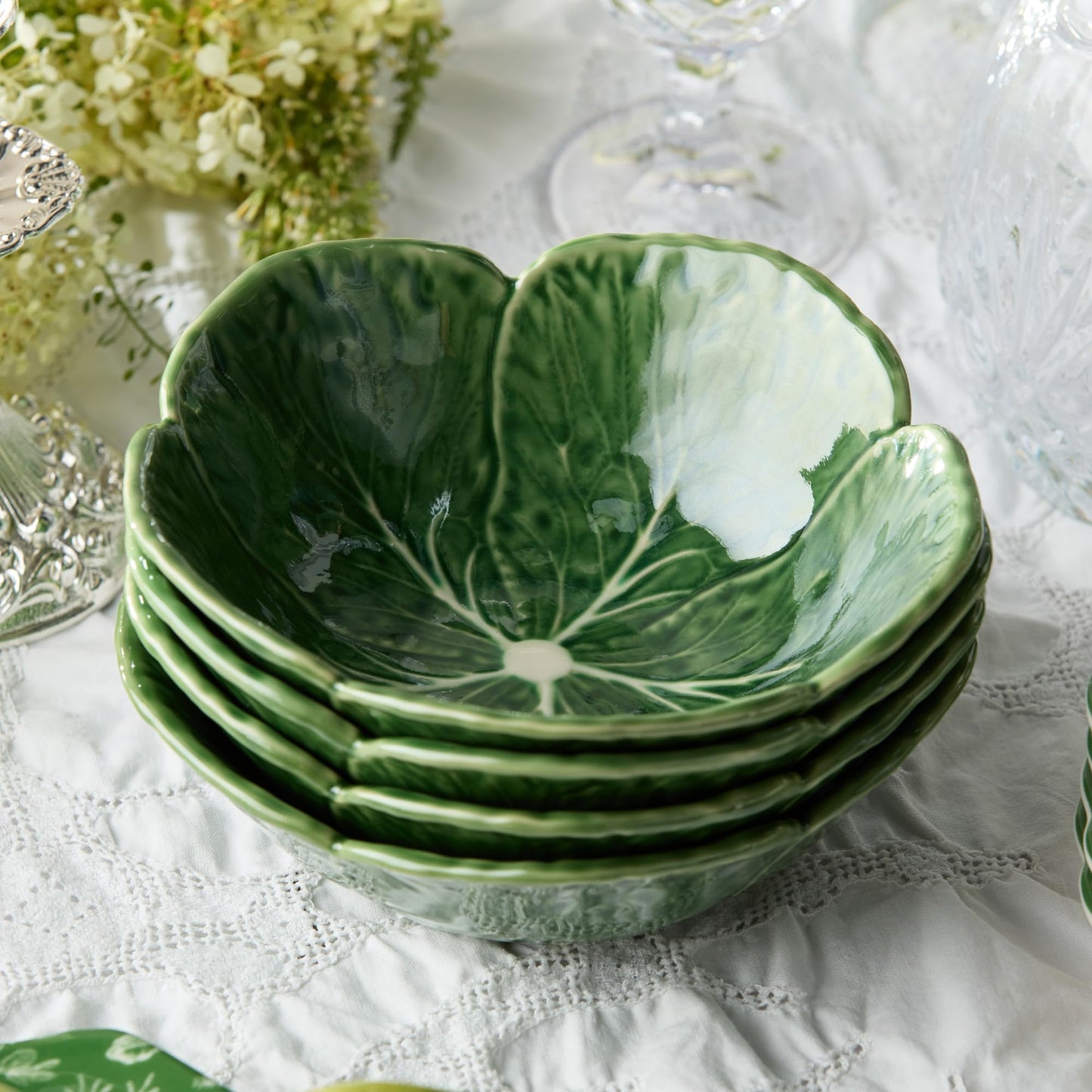 Le Jardin Green Cabbage Plates 3D CEREAL/SOUP BOWLS, SET Of 4 – 7" Sculpted Green Stoneware Leaf Bowls – Garden-Inspired Stoneware for Breakfast, Snacks & Everyday
