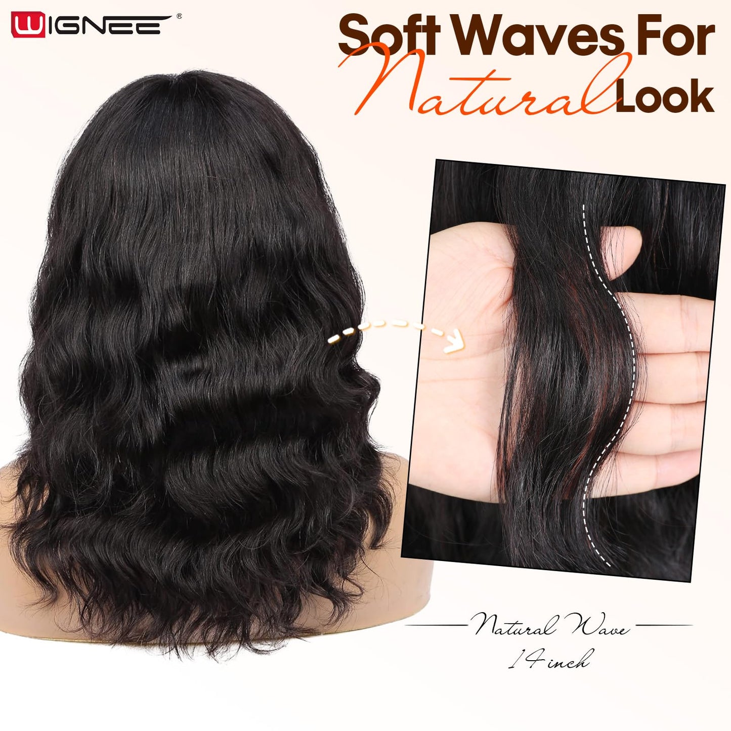 WIGNEE 100% Virgin Human Hair Natural Wave Wigs with Bangs Brazilian Human Hair Wave Wigs For Black Women Natural Black Color (14 Inch)