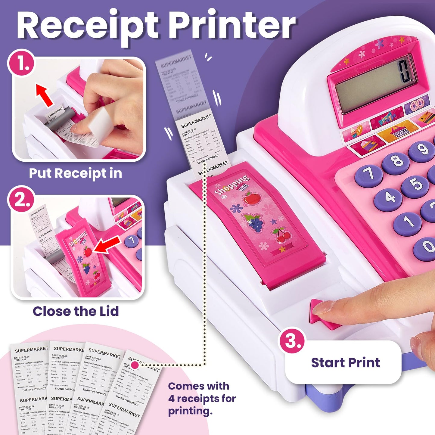 BUYGER Children's cash register toy cash register with receipt printer, scanner microphone, shopping shop accessories, supermarket role play, gifts for children from 3 + years