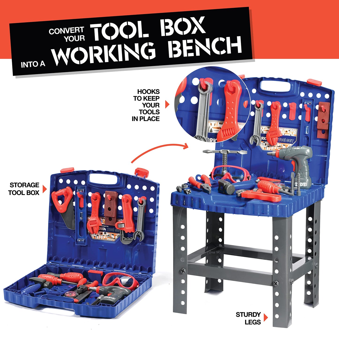 Play22 Kids Tool Workbench 76 Set - Kids Tool Set with Electronic Play Drill - STAM Educational Pretend Play Construction Workshop Tool Bench - Pretend Play Tool Set Build Your Own Kids Tool Box