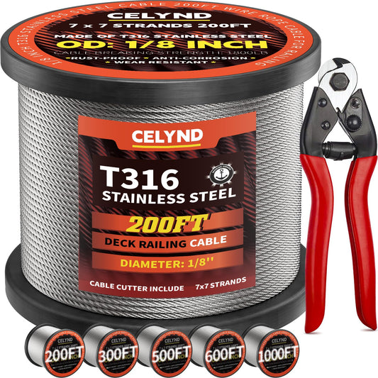 CELYND Stainless Steel Cable for Railing - 200FT 1/8" T316 Wire Rope Cable for Deck Railings System Kit with Cutter