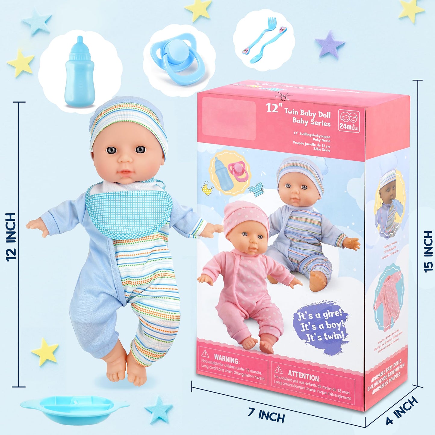 Toy Choi's Twin Baby Dolls - 30cm Two Soft Body Black and White Doll with Accessoires, Dolls Play Set for 2 3 4 5 Year Old Boys and Girls Gift | Blue Outfit Doll Set