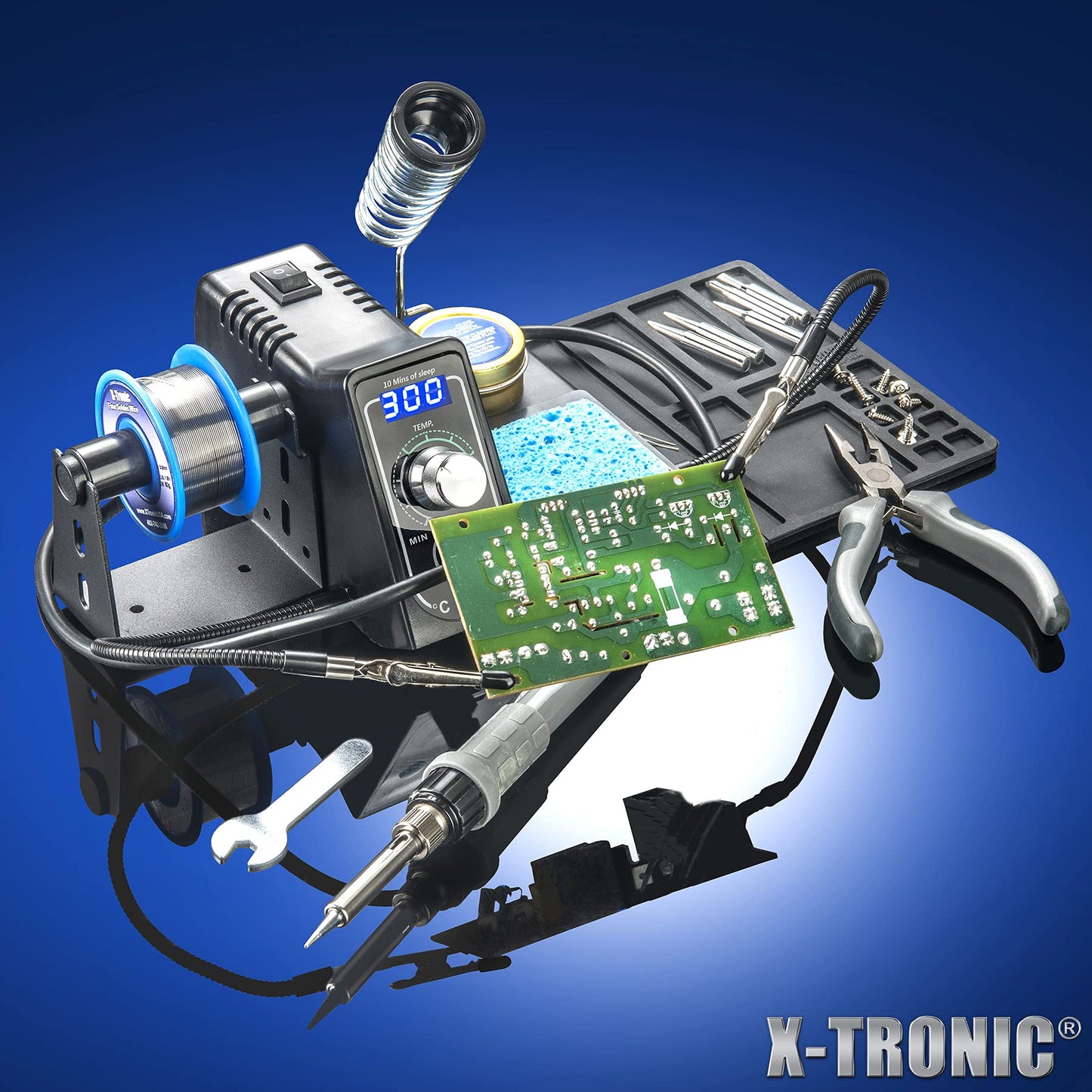 The Original X-Tronic 3020-XTS • 75W Soldering Iron Station • LED • 2 Helping Hands • Roll of Solder • Brass Sponge w/Cleaning Flux • Wet Sponge • °C/°F Conversion Switch • 10 Minute Sleep Feature!