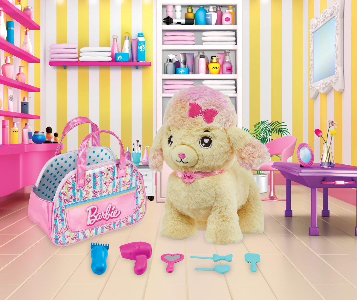 Mattel Barbie Salon Pet Adventure Plush Poodle with Themed Bag and Accessories, Toy +3 Years (HPJ43)