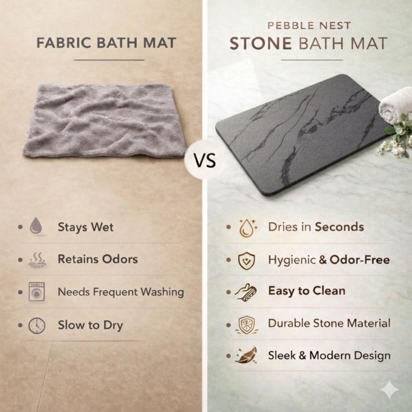 Pebble Nest Stone Bath Mat – Diatomaceous Earth Quick Drying Non-Slip Bathroom Mat – Absorbent Diatomite Shower Mat, Durable & Easy to Clean, Modern, 23.6" x 15.3" (2 Pack Charcoal Black - Marble)