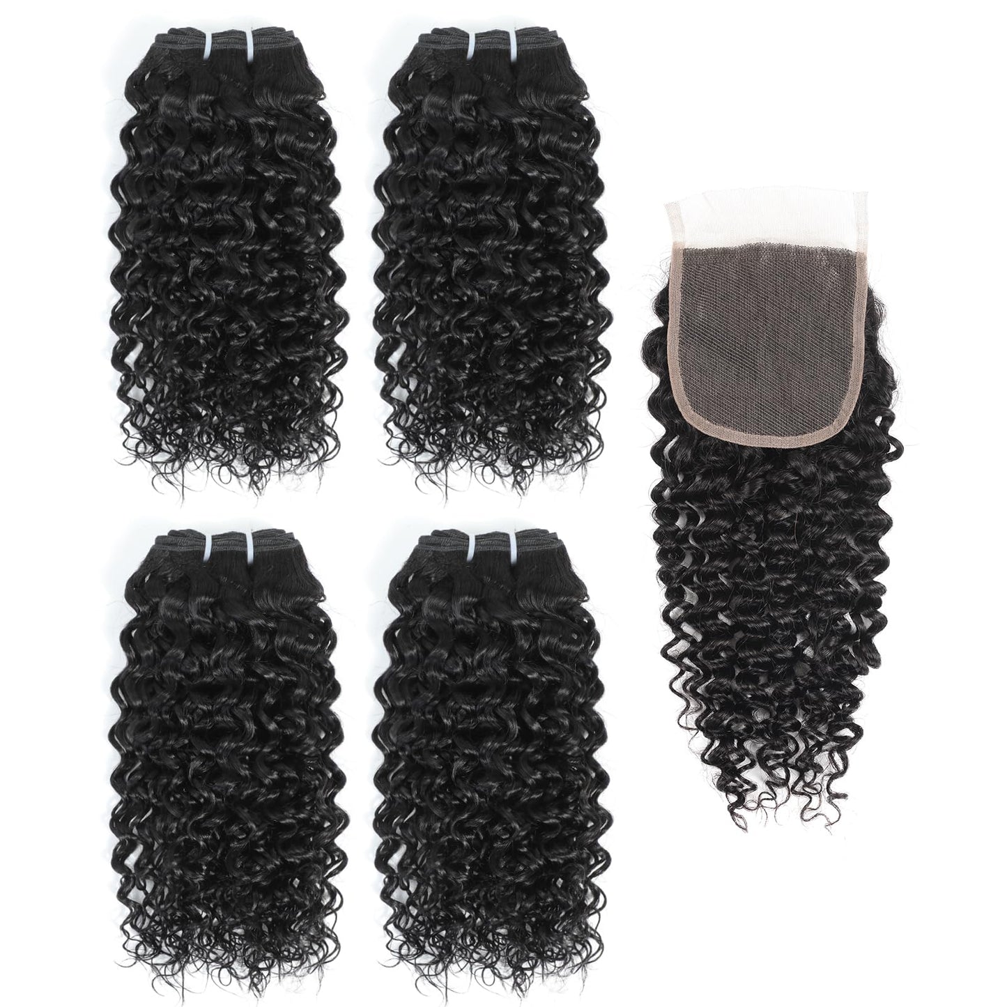 JTdebade 10 Inch Kinky Curly Human Hair Bundles With Closure Brazilian Virgin Human Hair 4 Bundles Natural Black Color 100% Unprocessed Curly Wave Human Hair Extensions（10 Inch Curly*4+12 Closure）