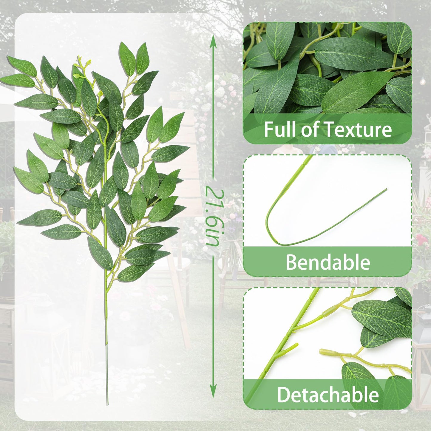 Suncalla 40 Pcs Italian Ruscus Greenery Stems Bulk 21.6'' Artificial Faux Silk Greenery Leaves Garland Branches for DIY Wedding Arch Bouquet Vase Filler Table Centerpieces Home Decor (Green)