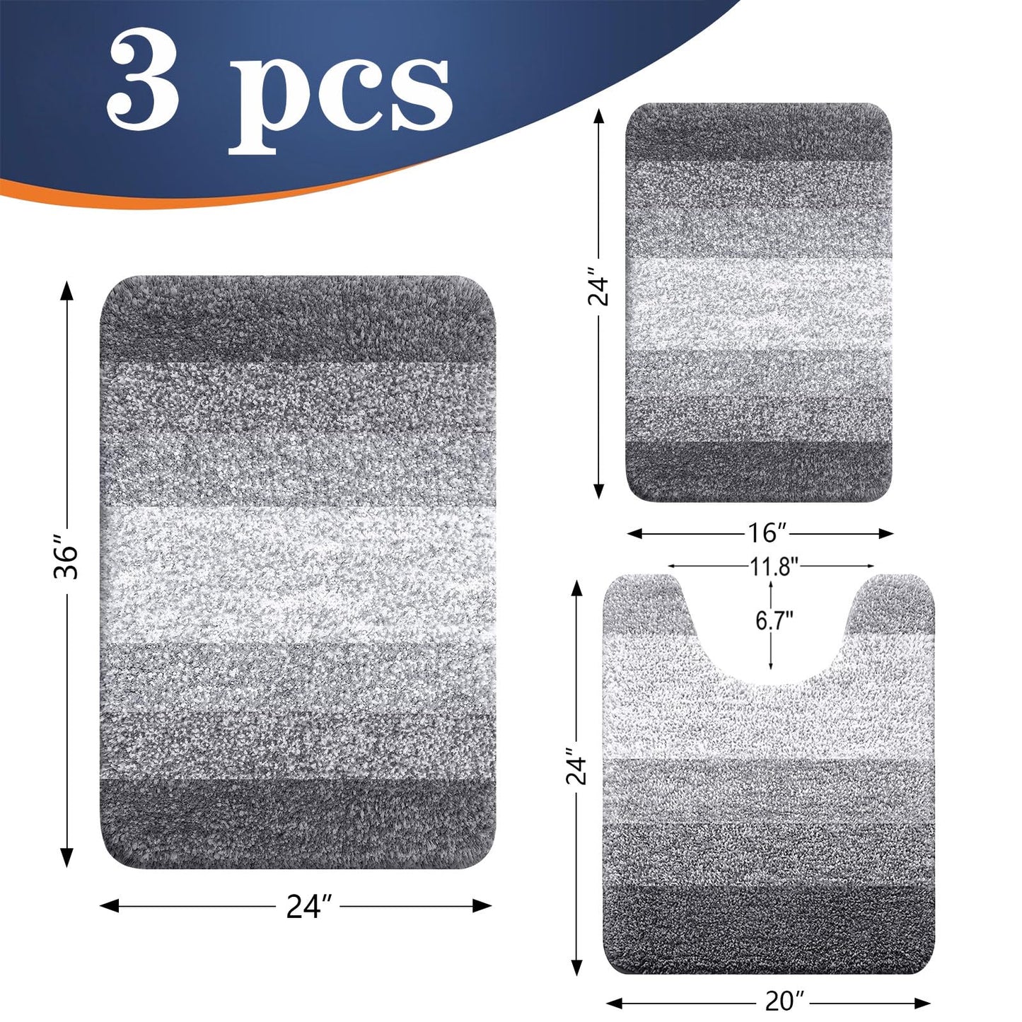 OLANLY Bathroom Rugs Sets 3 Piece, Soft Absorbent Microfiber Bath Mats and U-Shaped Contour Toilet Rug, Plush Shaggy Bath Mat Set for Bathroom (36"x24"+24"x16"+24"x20", Grey)