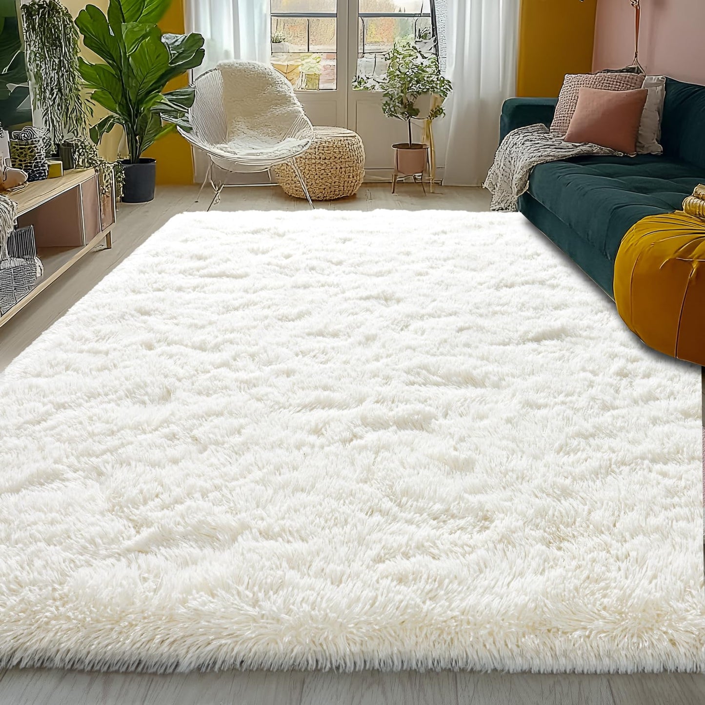5x7ft Fluffy Fuzzy Area Rug for Living Room Bedroom, Ultra Soft Rugs for Living Room, Modern Shaggy Carpets Rug for Boys Girls Dorm Nursery Home Decor Aesthetic, Upgrade Non-Slip Durable, Cream White