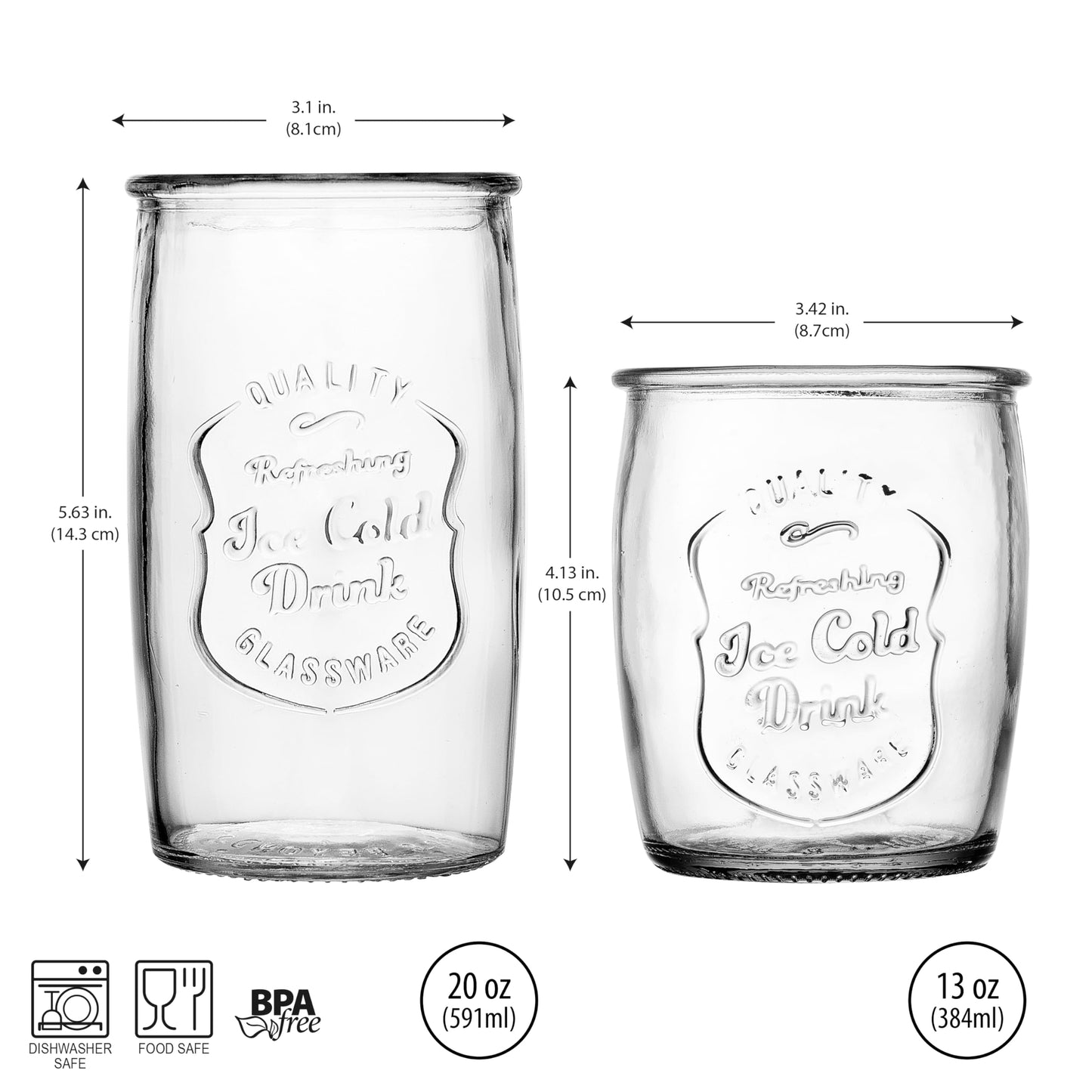Glaver's Ice Cold Set of 8 Drinking Glasses 4-20 Oz Highball Glasses, and 4-13 Oz Whiskey Glass Cups For Everyday Home Use Water glasses, Beer, Juice, Cocktail.
