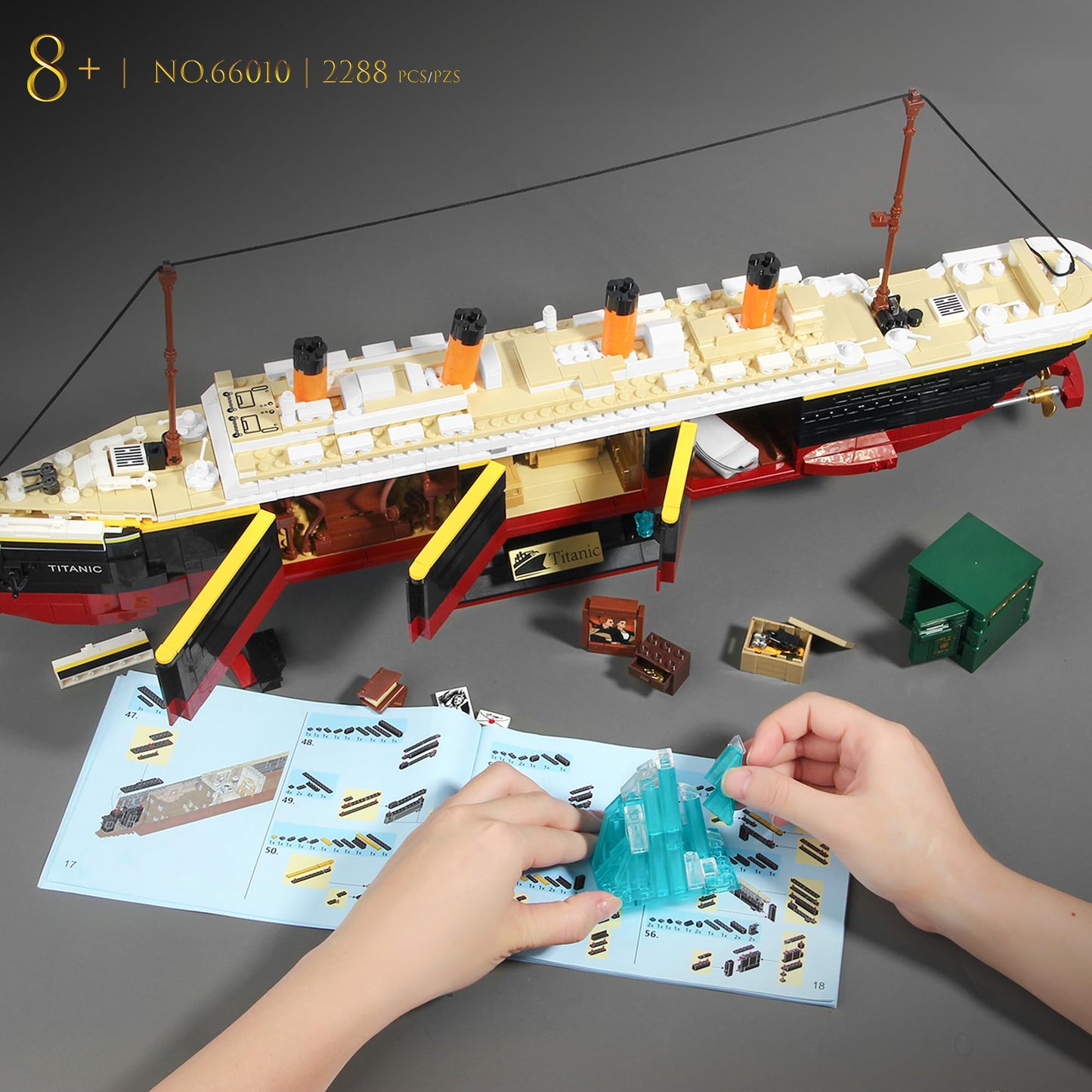 LeBrickCrt Titanic Building Blocks Set, 2288 Pieces Big Ship Block Model Set with Light Strip, Glacier, Ideal Gift for Adults and Kids