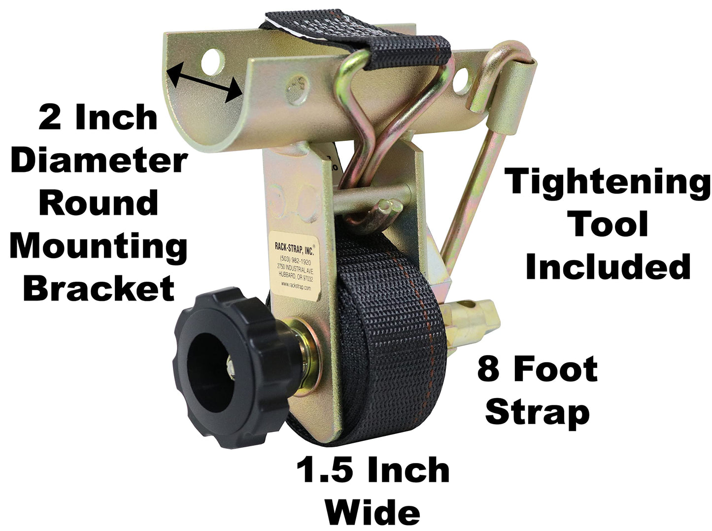 2 Pack, Rack-Strap, The Original American Made Ladder Rack Tie-Downs, Round Mounting Bracket, RS3 Gold 2 Inch Diameter Round Mounting Bracket, Bolt Mounting Hardware Included, 8 Foot Black Strap