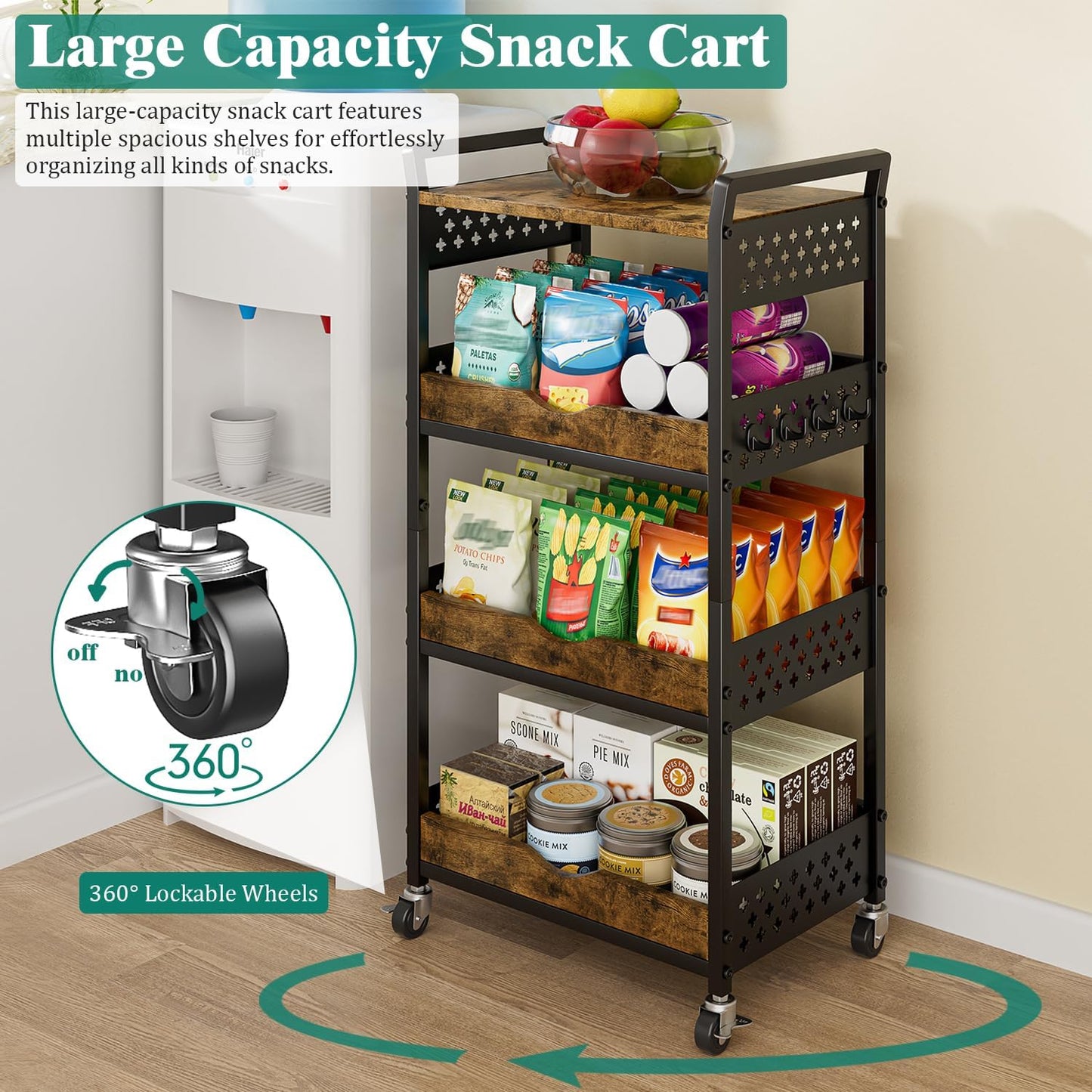 Giwil 4-Tier Rolling Storage Cart, Small Coffee Bar Crafts Makeup Cart with Wooden Top Snack Organizer for Pantry, Utility Kitchen Cart On Wheels for Onions Potatoes, Black