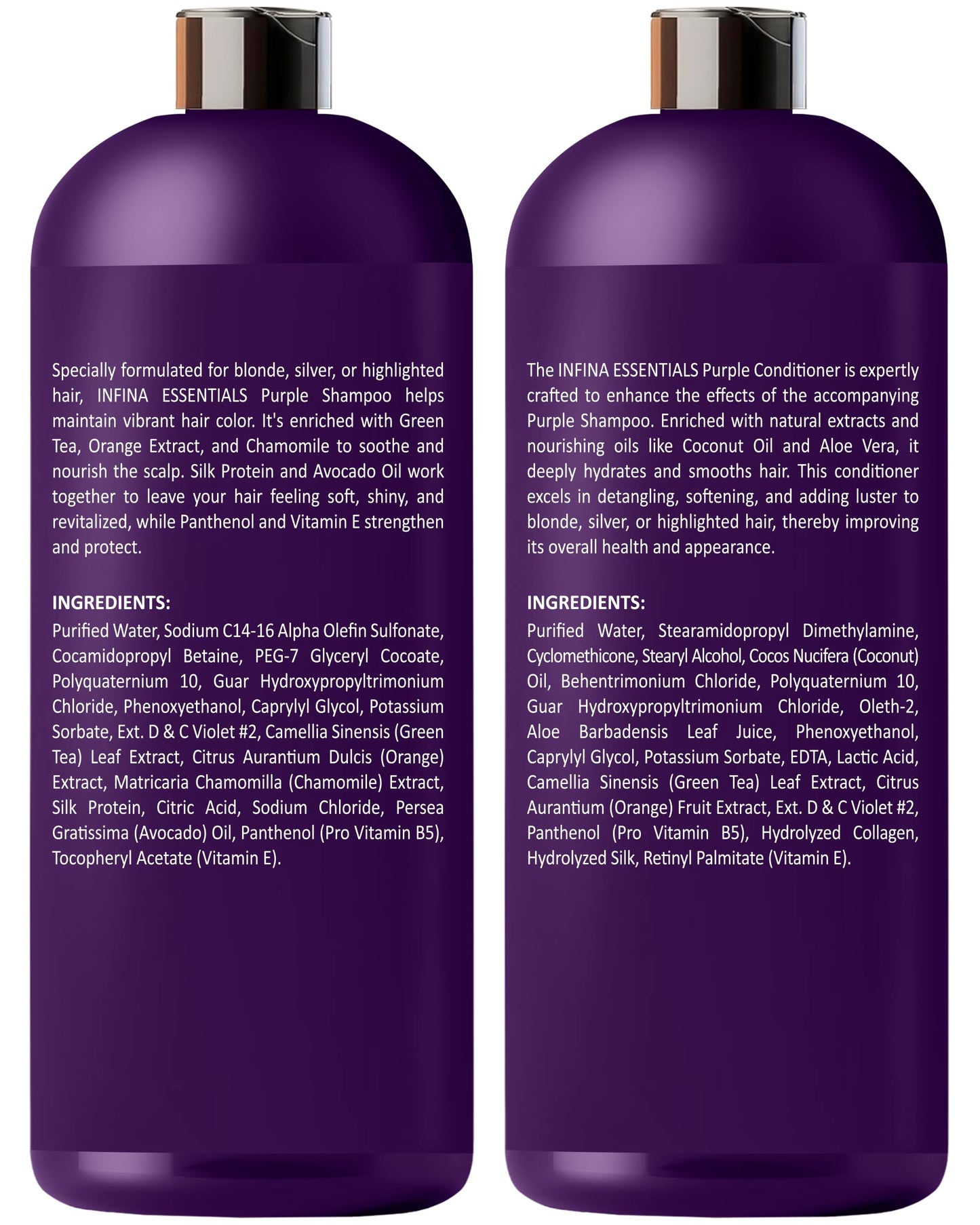 INFINA ESSENTIALS Purple Shampoo and Conditioner Set - Sulfate Free, Enriched with Coconut Oil & Aloe Vera, Ideal for Blonde, Gray, Brassy & Color Treated Hair, Nourishes & Hydrates - 16 fl oz each
