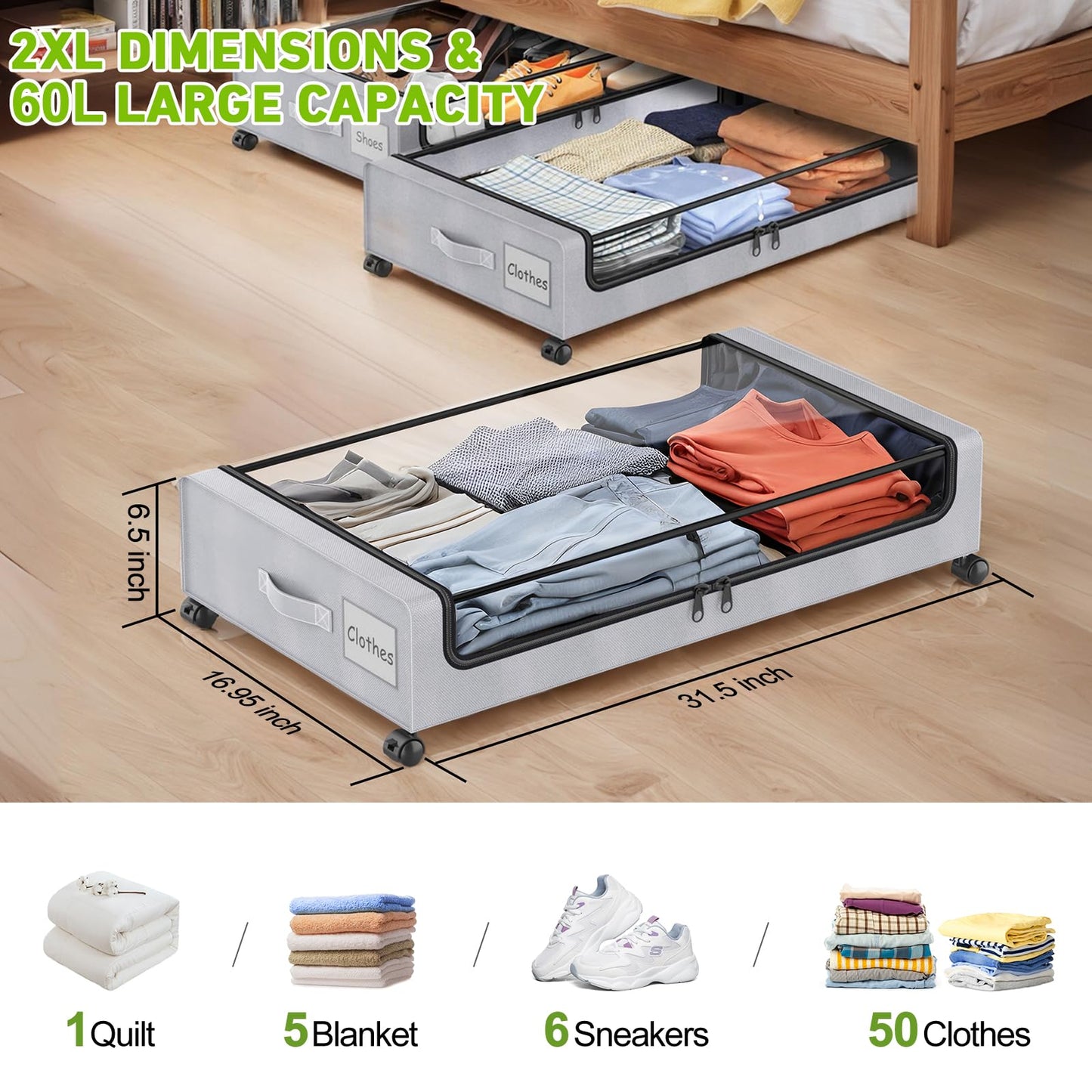 Beborxue Under Bed Storage with Wheels, 2-Pack Under the Bed Storage Containers with Lids, XXL 60L Under Bed Shoe Storage Organizer Bins, Rolling Underbed Storage for Clothes, Shoes, Blankets (Gray)