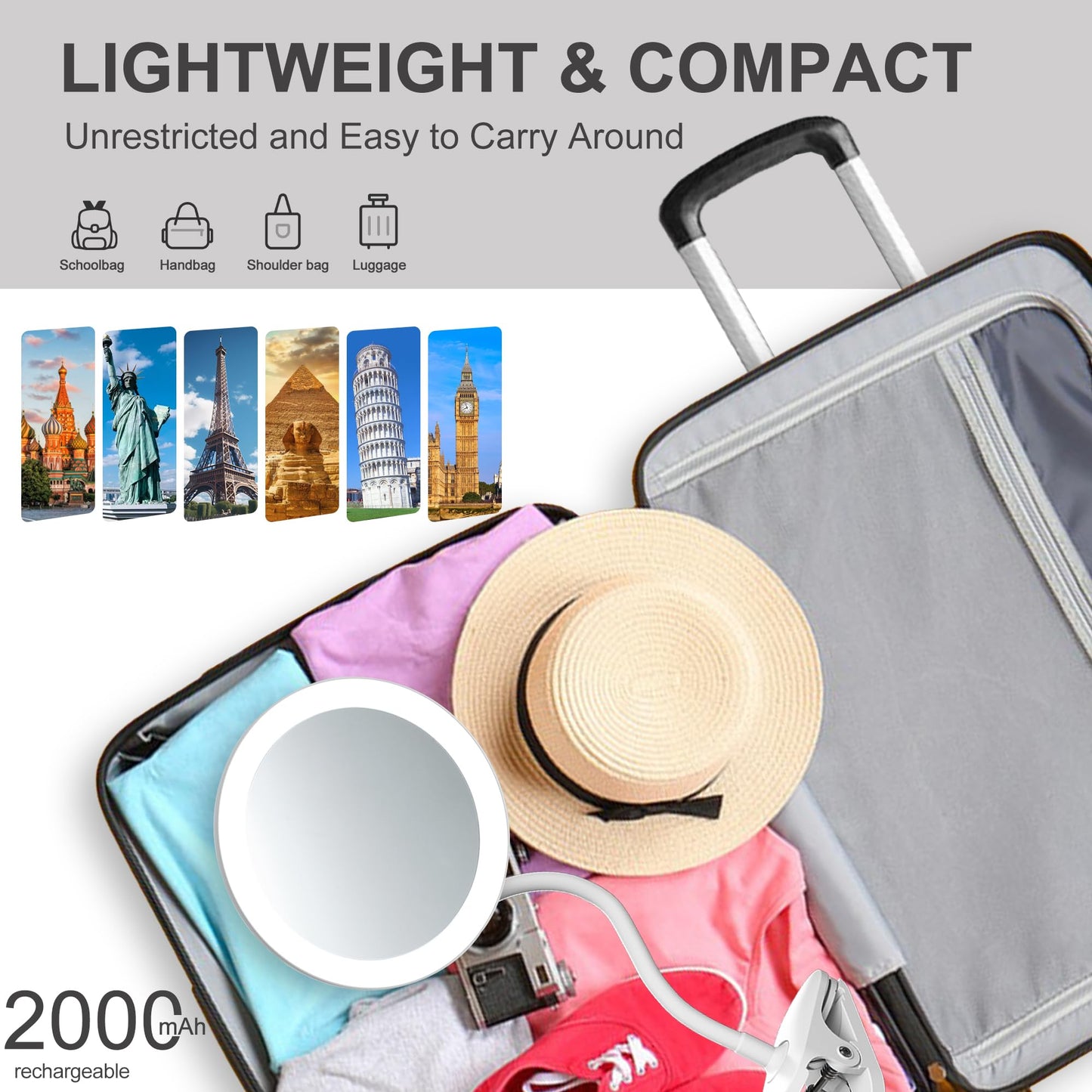 yngtoue 6.5" Clip on Vanity Makeup Mirror with Light, gooseneck Travel 5X Magnifying Mirror,USB Recharge (White 5X)