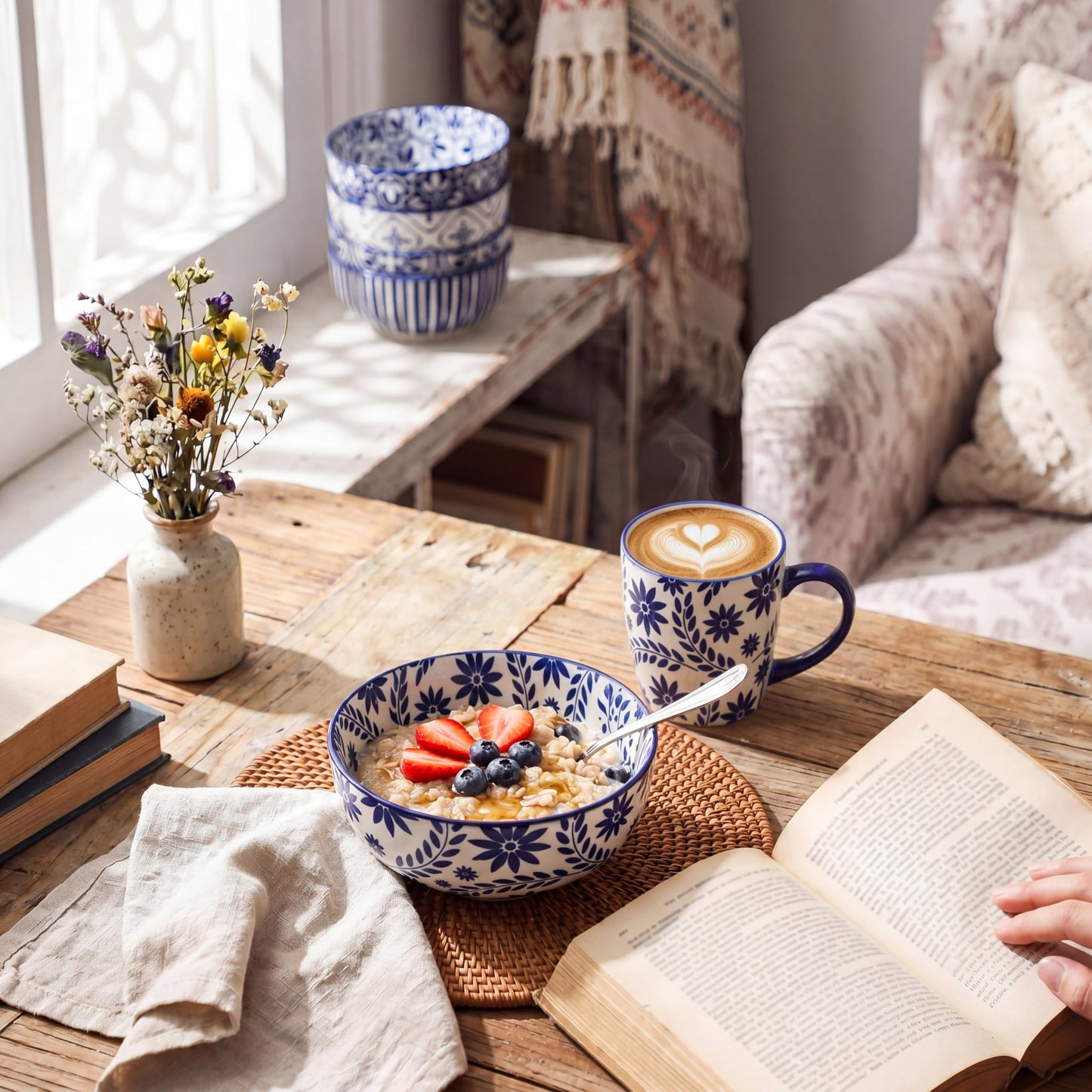 JINGUS Cereal Bowls, 28 Ounce Ceramic Soup Bowls Set of 6, Large Bowl Set for Rice Salad Fruit Dessert Oatmeal Snack Ice Cream,Microwave & Dishwasher Safe, Bohemian Blue & White