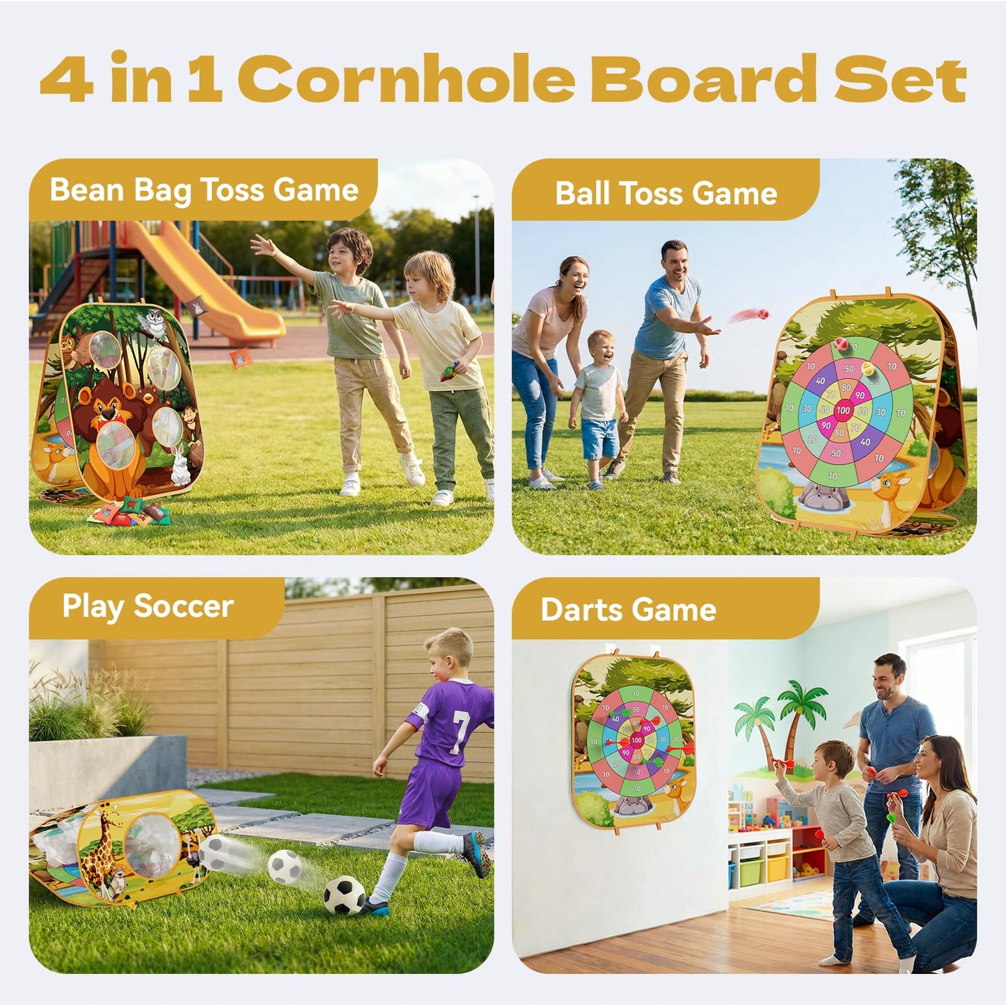 4 in 1 Animal Bean Bag Set for Kids Cornhole Board Game with Dart Board for Toddlers Outdoor Family Party Game Backyard Beach Lawn