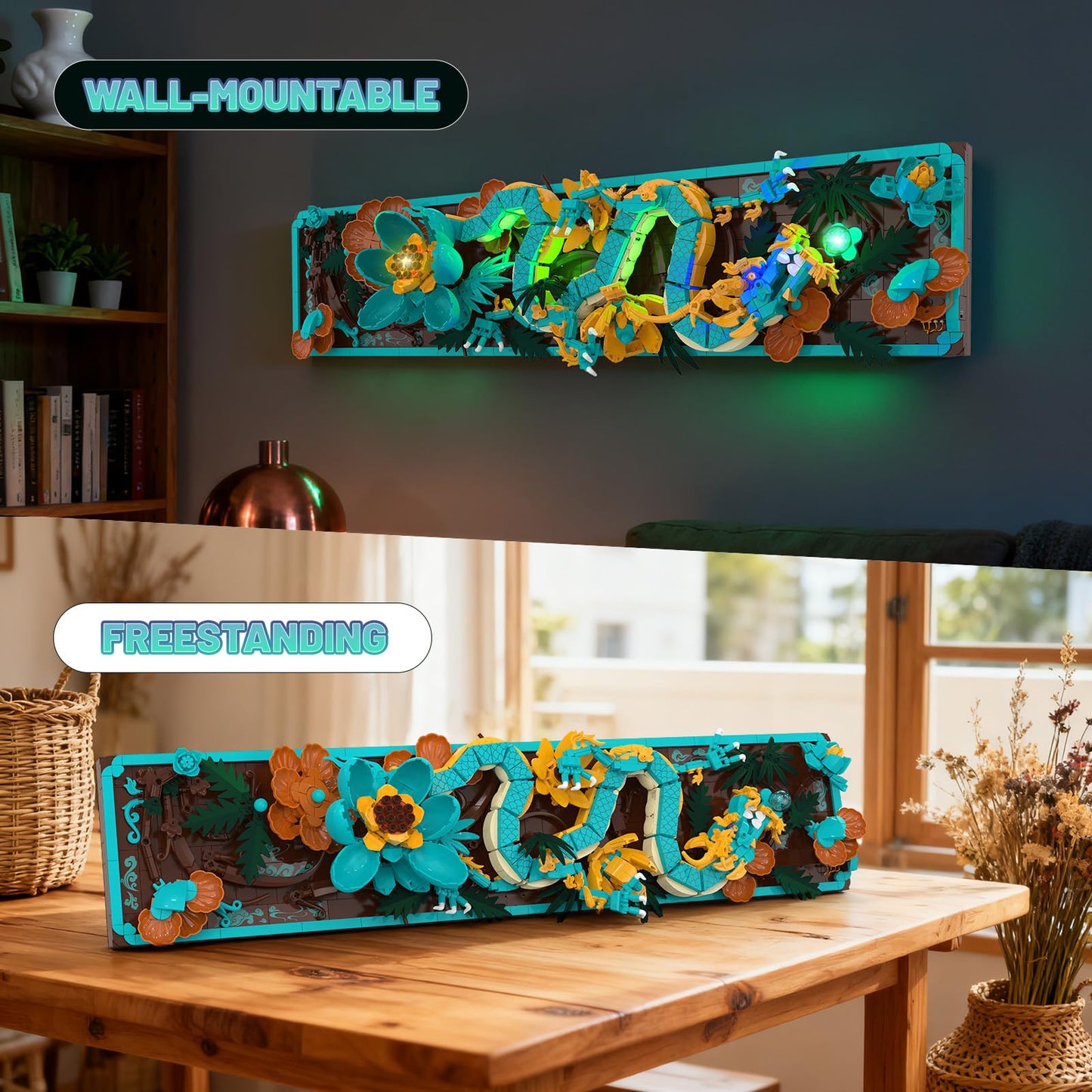 JMBricklayer Mythic Dragon Tiles Building Block Sets with LED Lights for Adult 70019, Wall Art Crafts Frame Building Set, Dragon Toy with Flowers Model Building Block Kit for Adult Home Office Decor
