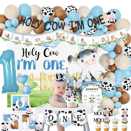 118 PCs Holy Cow Im One Birthday Decorations Boy, Hombae Cow First Party Decorations Backdrop Balloon Garland Monthly Photo High Chair Banner Cake Cupcake Topper Crown Box Poster White Black Blue