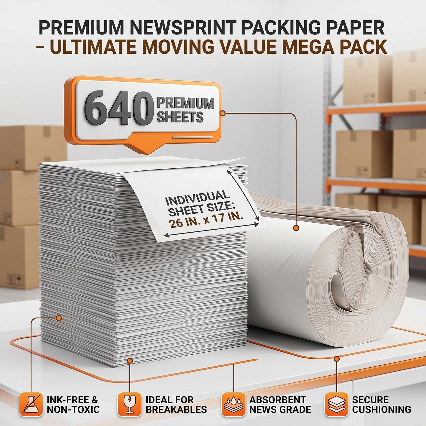 Pack T-Rex Moving Packing Paper Sheets – 640 Sheets of 26" x 17" Newspaper – Eco-Friendly Wrapping Paper for Moving Boxes – Cushion Glassware, Plates & Valuables – Must-Have Moving Supplies