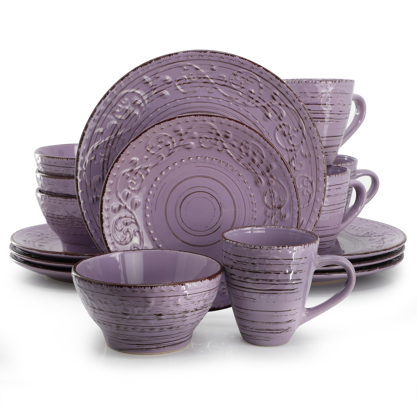 Elama Malibu Mica 16-Piece Stoneware Embossed Pattern Reactive Glaze Purple Dinnerware Set, Tableware, Serveware Set (Mica Purple)