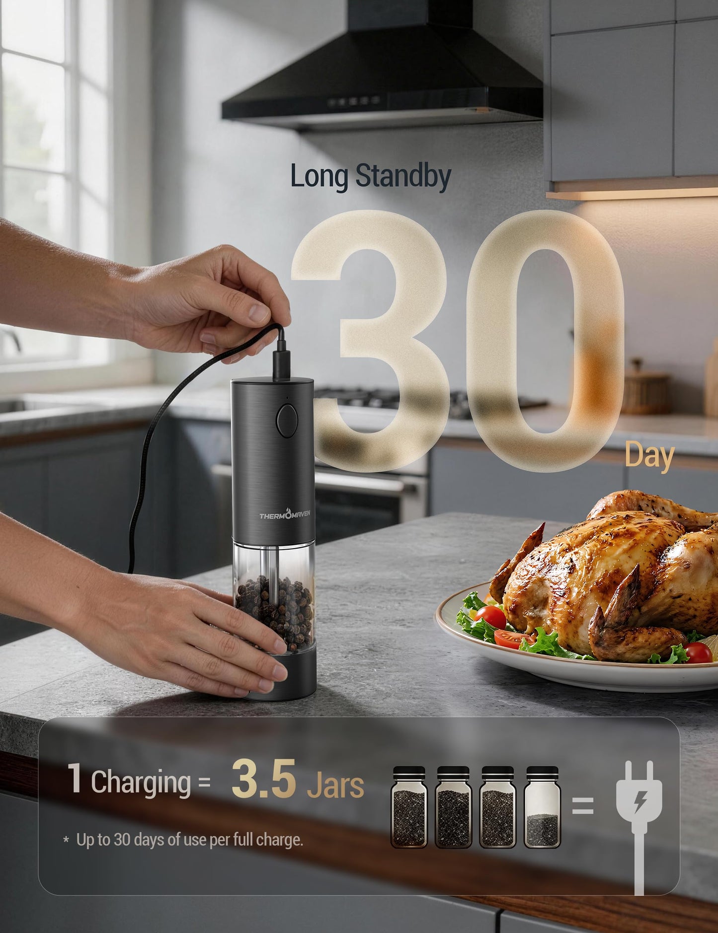 ThermoMaven Electric Salt and Pepper Grinder Set, 110ml Larger Rechargeable Automatic Salt and Pepper Mill Grinder with 6 Adjustable Coarseness, Electric Salt and Pepper Shakers, LED, Gun Grey