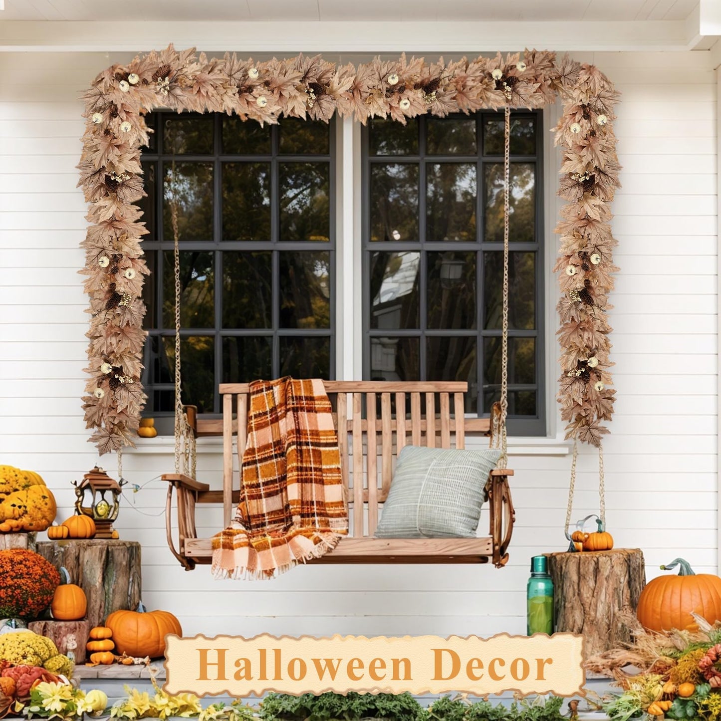 6 FT Fall Garland with Lights Timer Function Autumn Fall Leaves Garland with Berries Pine Cones Pumpkins Realistic Automatic ON/Off Timer Fall Decorations for Home Mantle Fireplace Porch Door Table