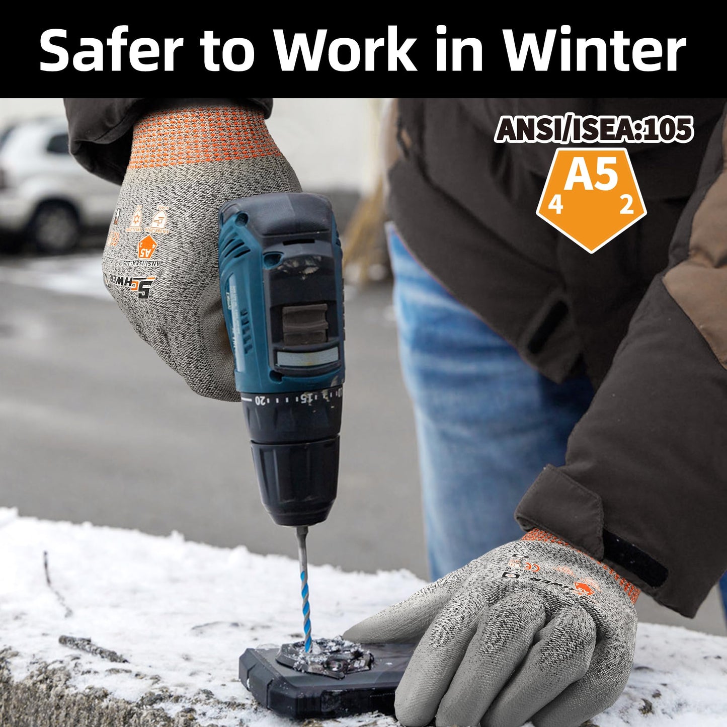 Schwer 12 Pairs Winter Work Gloves, ANSI A5 Cut Resistant Gloves with PU Coating, Freezer Glove for Outdoor Cold Weather, Thermal Insulated, Non Slip, Durable, L, CR3088-W