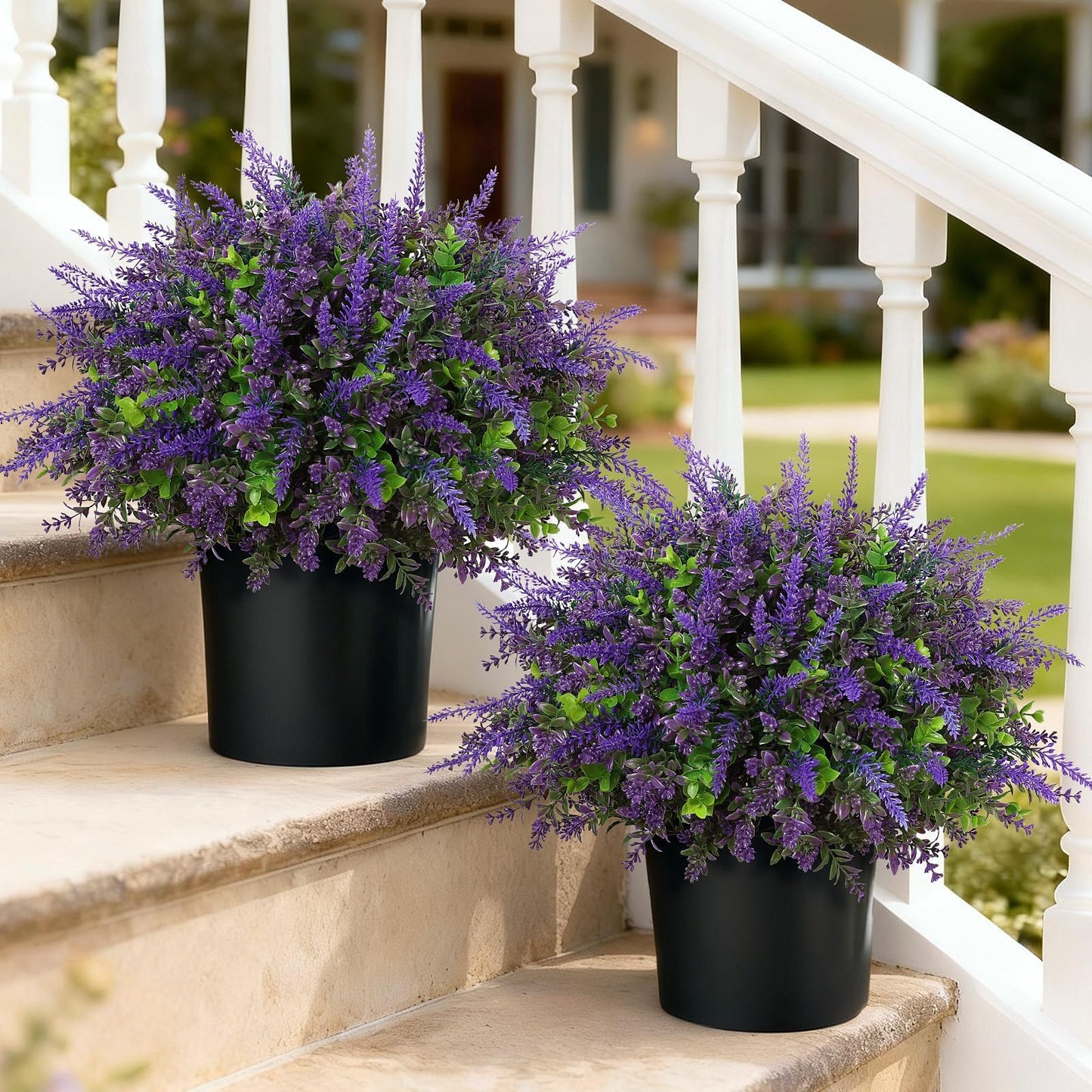 2 Sets Artificial Eucalyptus & Lavender Topiary Trees for Front Door - Faux Lavender Potted Topiary Trees, UV Resistant Fake Outdoor Plants for Farmhouse Porch Garden Decor