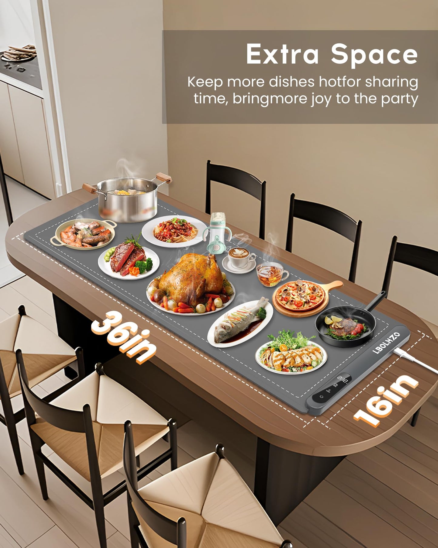 LBOLHZO Warming Mat For Food Extra Large 36"x16" 580W Food Warmer Chafing Dishes for Buffet,Food Warming Mat,Food Warmers for Parties Buffet,Portable Heating Pad 6 Level Temp 6 Hour Timer (Plus Grey)