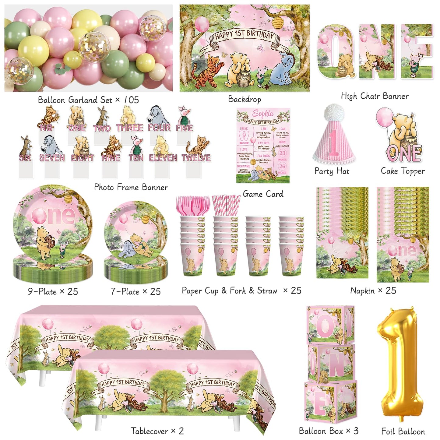 Fexivo 273 PCS Bear 1st Birthday Decorations, All-in-One Baby Girl 1st Birthday Decorations Set with Plates, Napkins, Serves 25, 2 Tablecloths, Balloon Arch, Backdrop & Banner, Pink