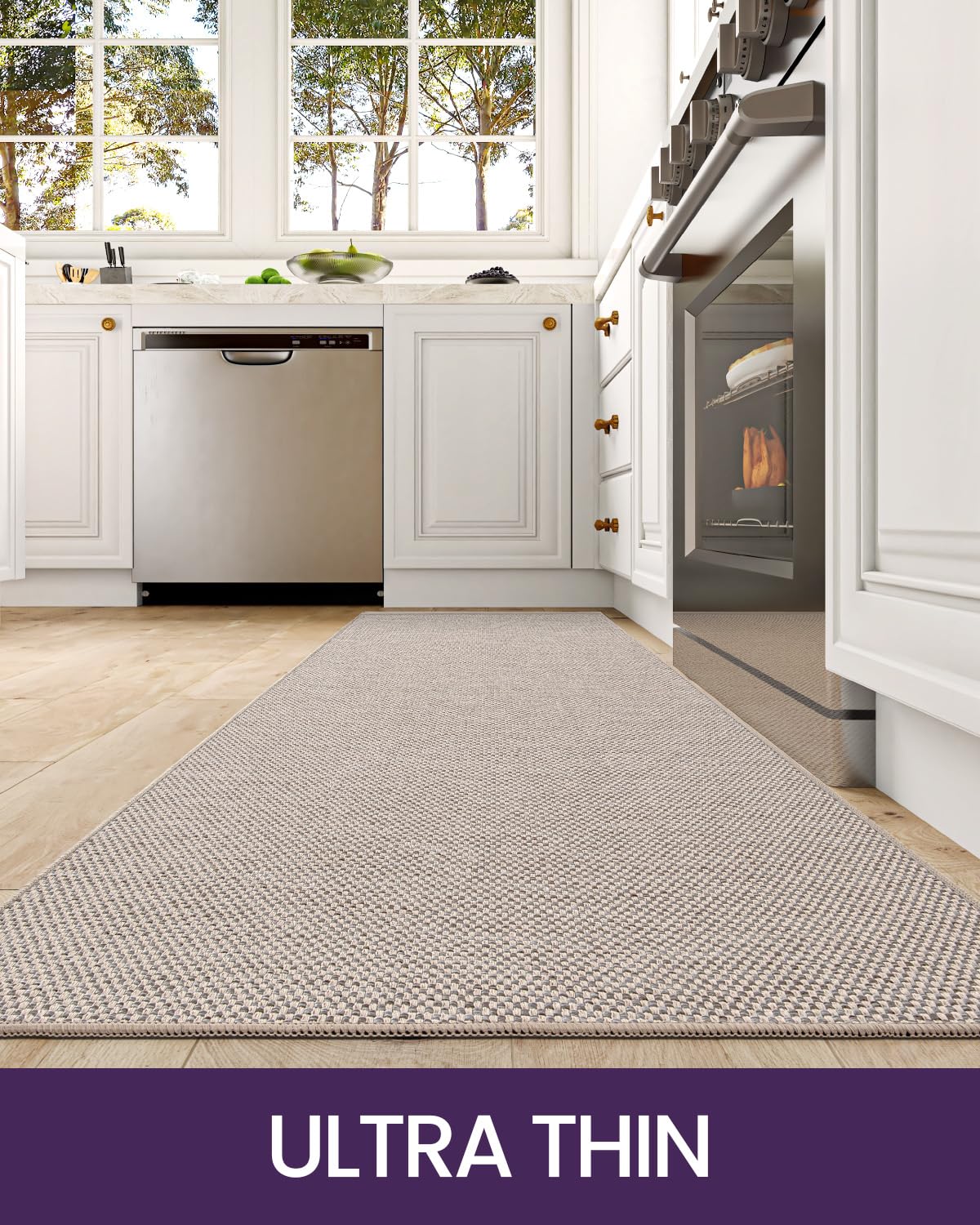 DEXI Kitchen Rugs Non Slip Washable, 24x36+24x82 Absorbent Floor Mats Thin, Soft Carpet Runner for Sink Laundry, Set of 2, Beige