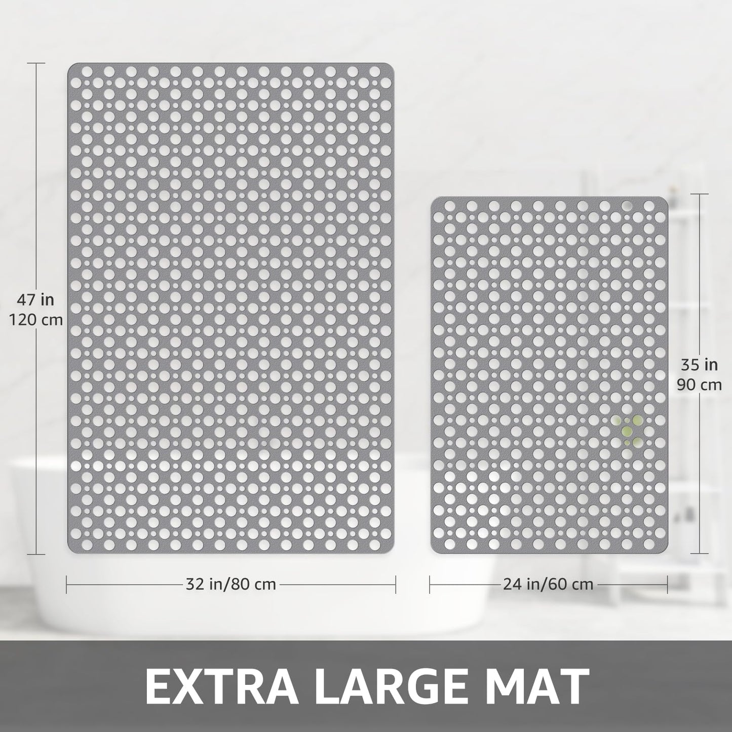 Yolife Large Shower Mat, 47 x 32 inch Non Slip Shower Mats for Inside Shower with Drain Hole, No Odor Soft TPE Shower Floor Mat, Extra Large Non Slip Shower Mat with Suction Cups, Grey