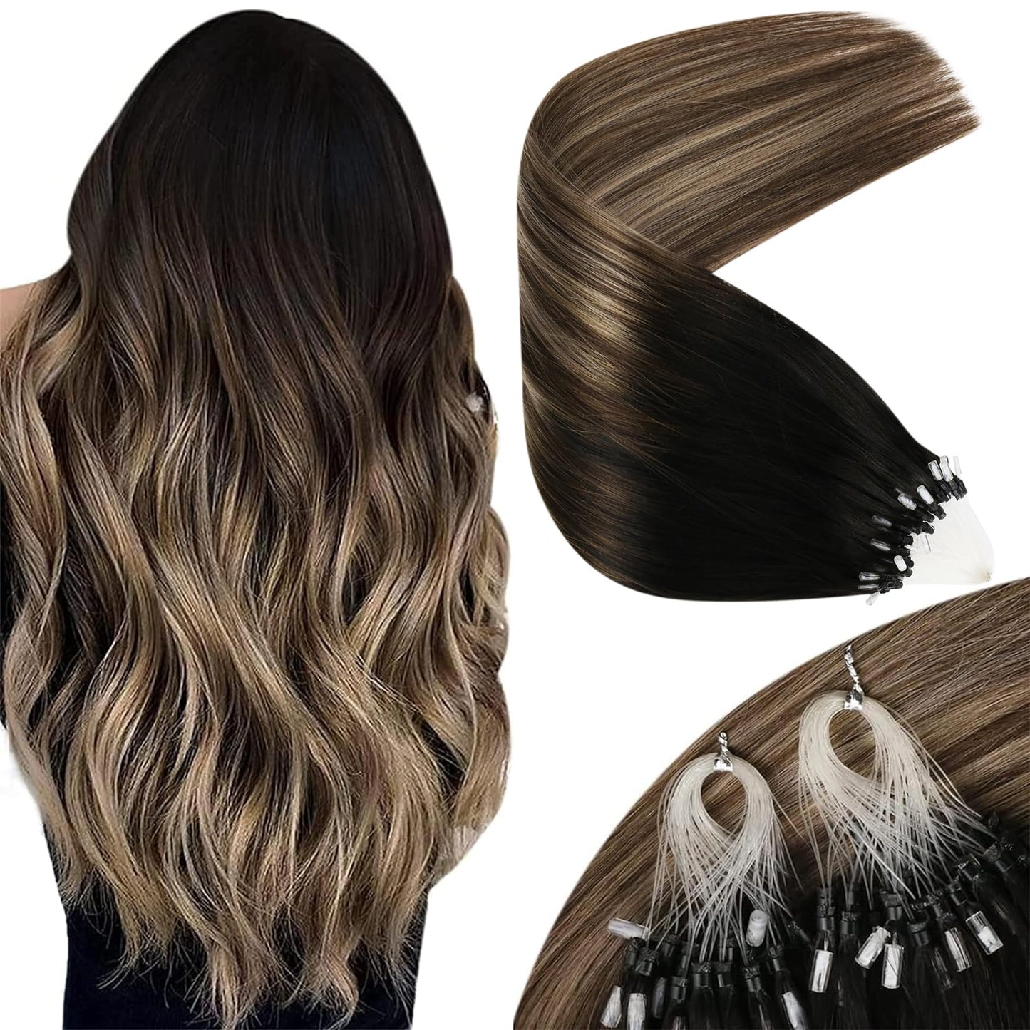 Sunny Hair Micro Loop Hair Extensions Real Human Hair Soft Micro Ring Hair Extensions Human Hair Black Balayage Dark Brown Ombre Medium Ash Blonde Micro Hair Extensions Black for Women 50g 20inch